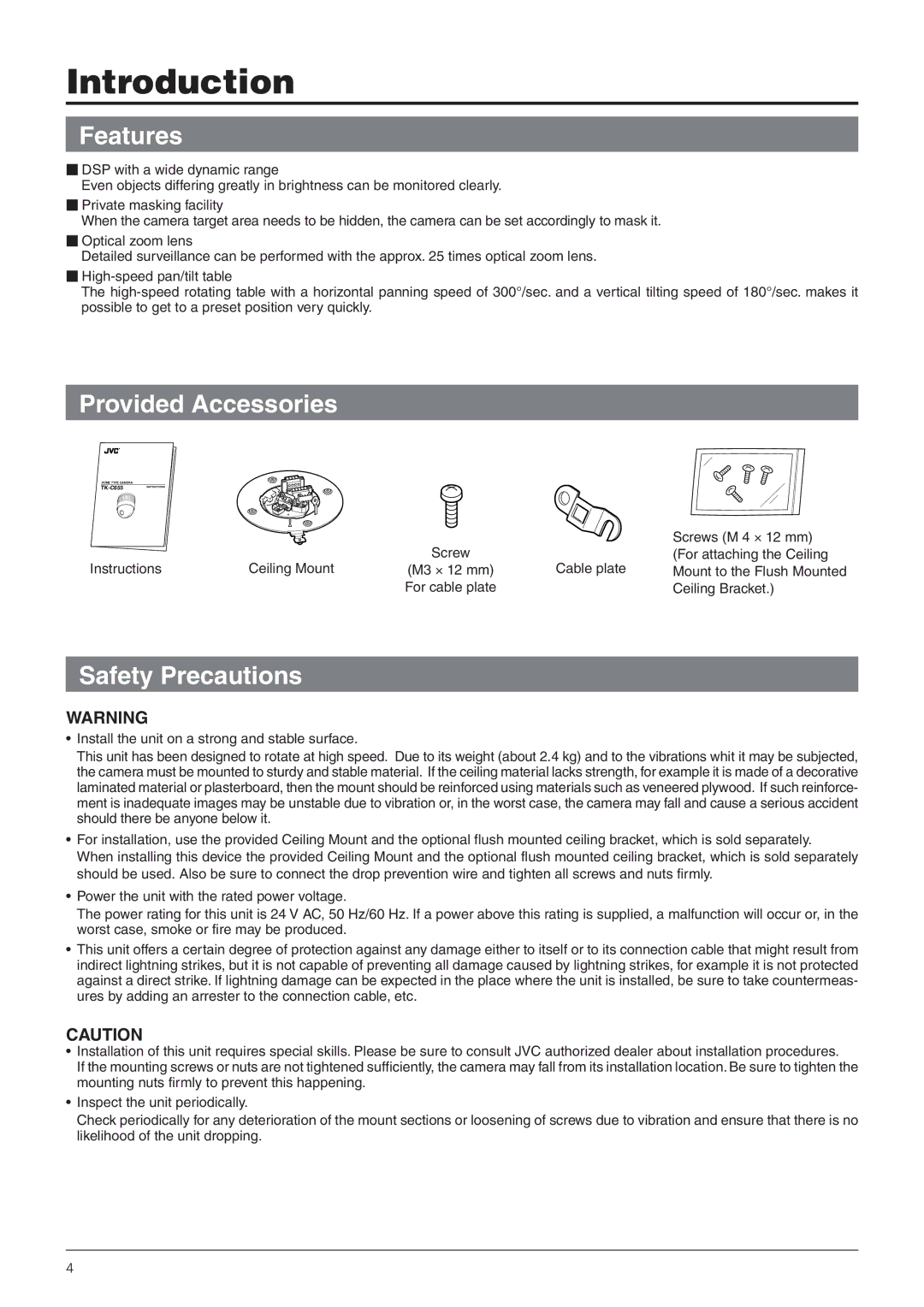 JVC TK-C655 manual Features, Provided Accessories, Safety Precautions 