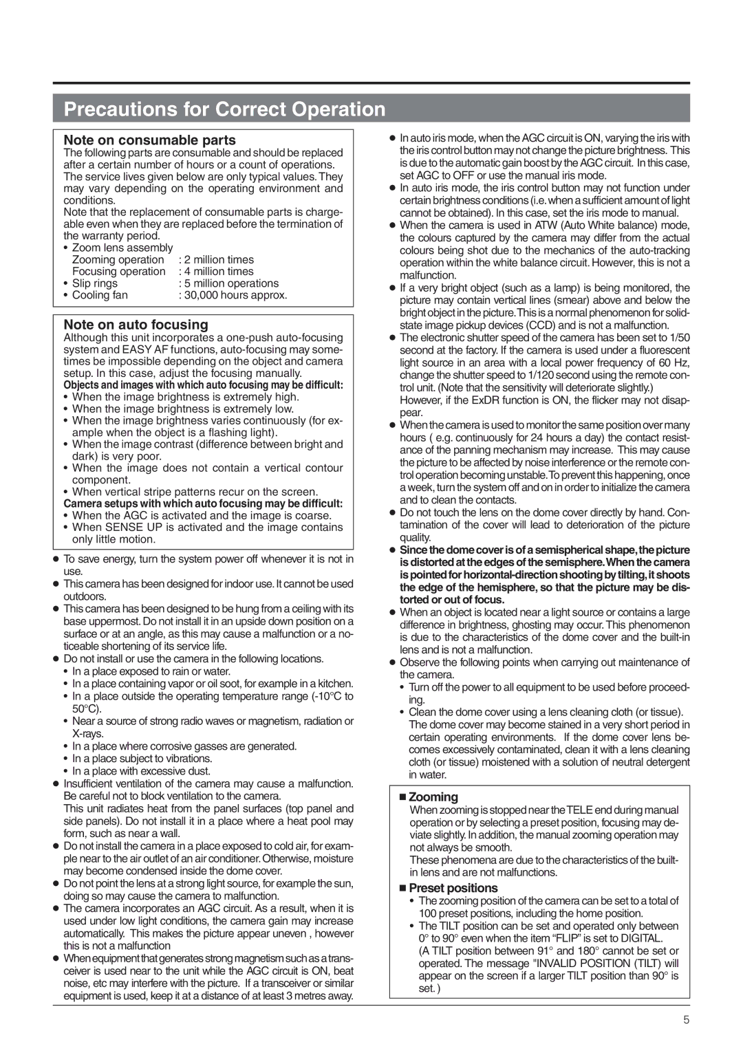 JVC TK-C655 manual Precautions for Correct Operation,  Zooming,  Preset positions 