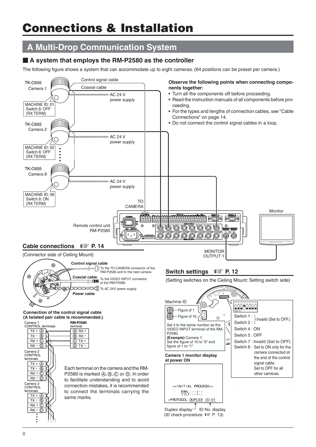 JVC TK-C655 manual Multi-Drop Communication System, Cable connections P, Switch settings P 