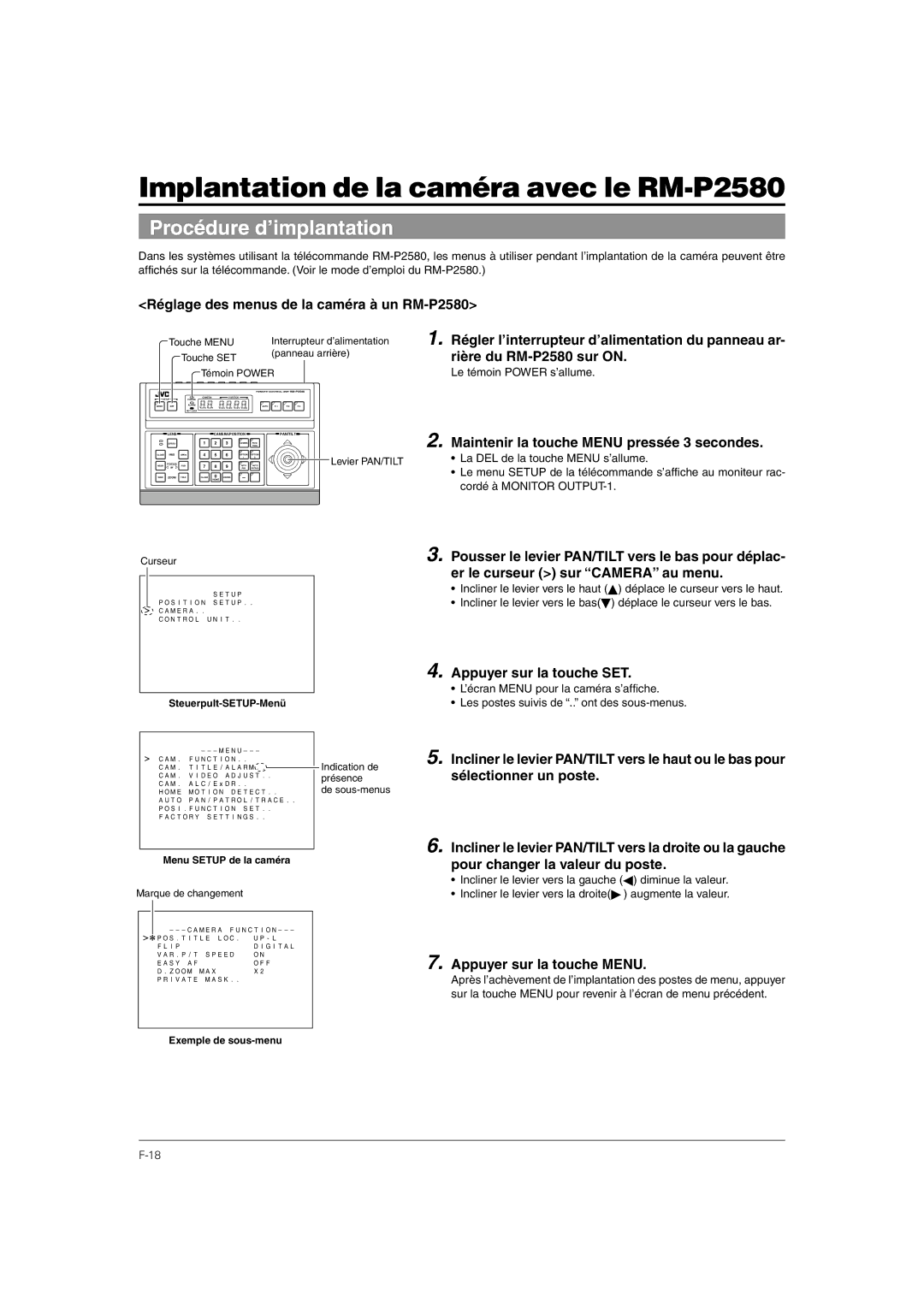 JVC TK-C676 manual Implantation de la caméra avec le RM-P2580, Procédure d’implantation 