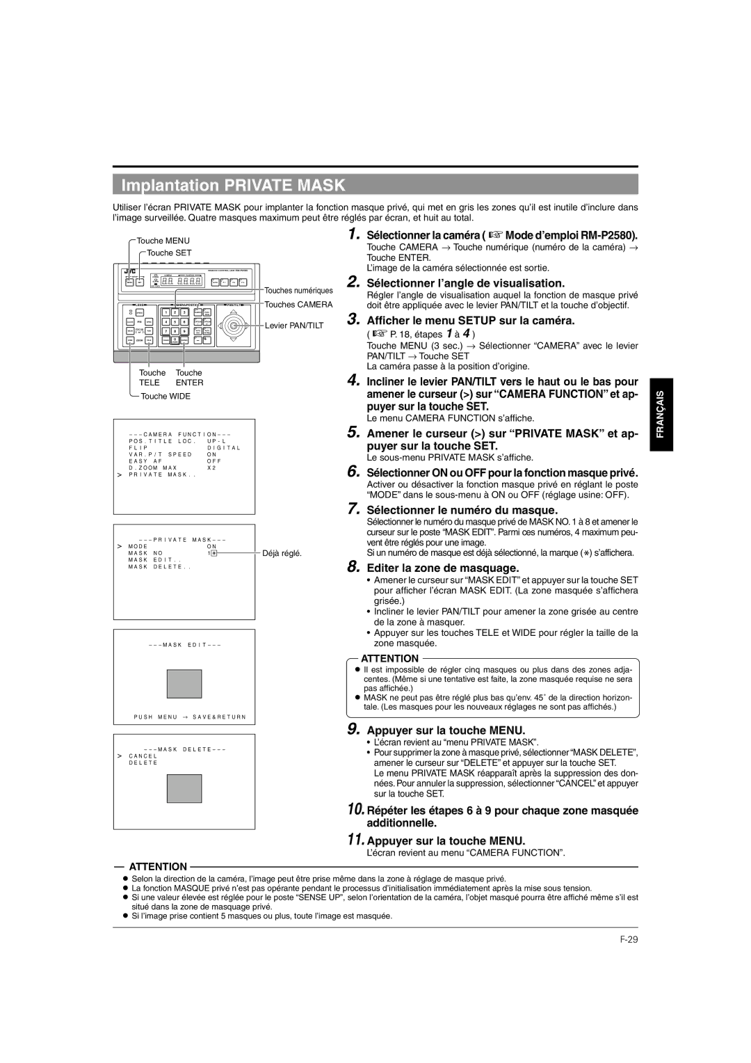 JVC TK-C676 Implantation Private Mask, Sélectionner la caméra Mode d’emploi RM-P2580, Sélectionner le numéro du masque 