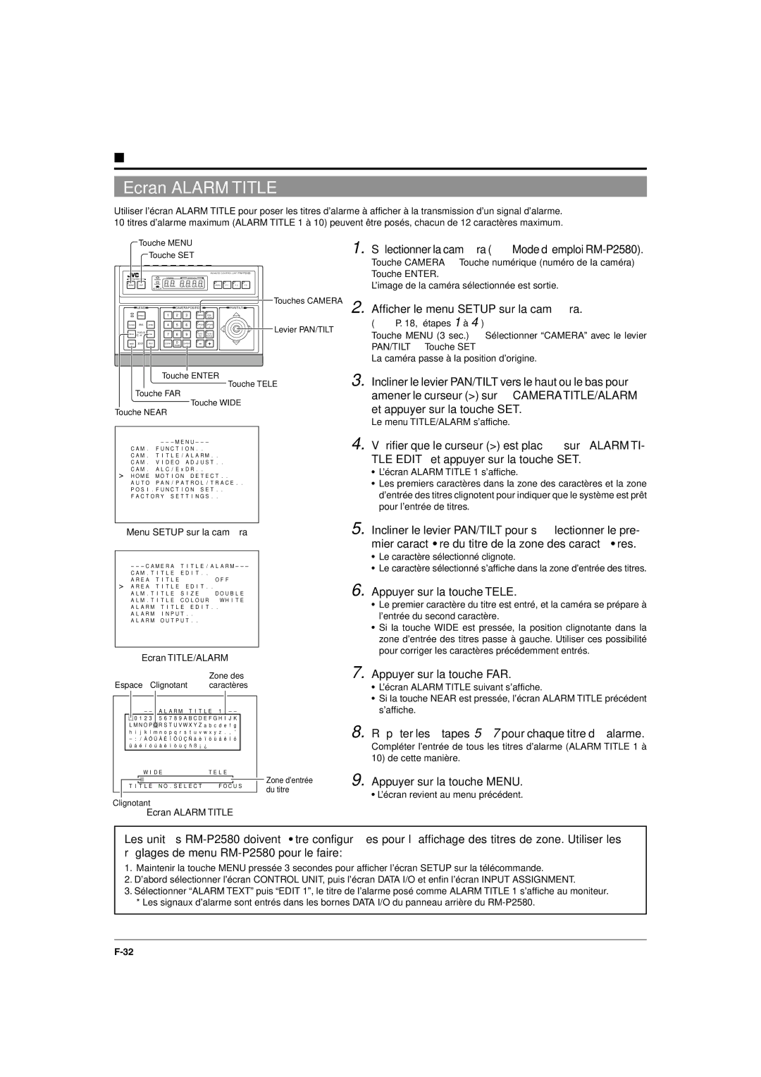 JVC TK-C676 manual Ecran Alarm Title, Répéter les étapes 5 à 7 pour chaque titre d’alarme, Menu Setup sur la caméra 