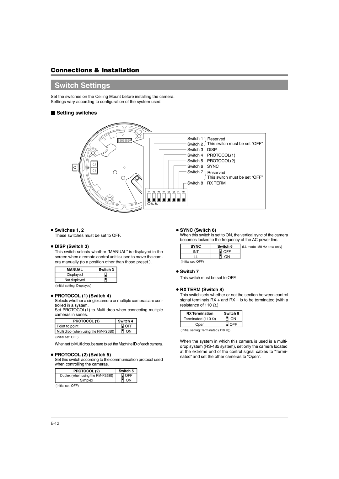 JVC TK-C676 manual Switch Settings,  Setting switches 