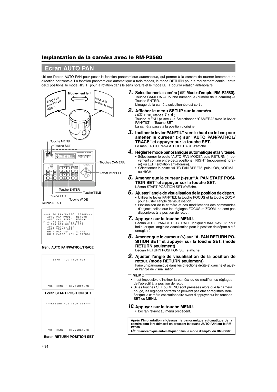 JVC TK-C676 manual Ecran Auto PAN, Régler le mode panoramique automatique et la vitesse 