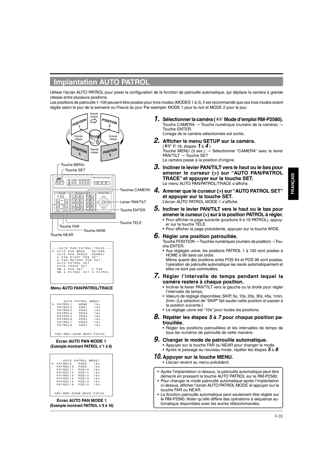 JVC TK-C676 manual Implantation Auto Patrol, Régler une position patrouillée, Changer le mode de patrouille automatique 