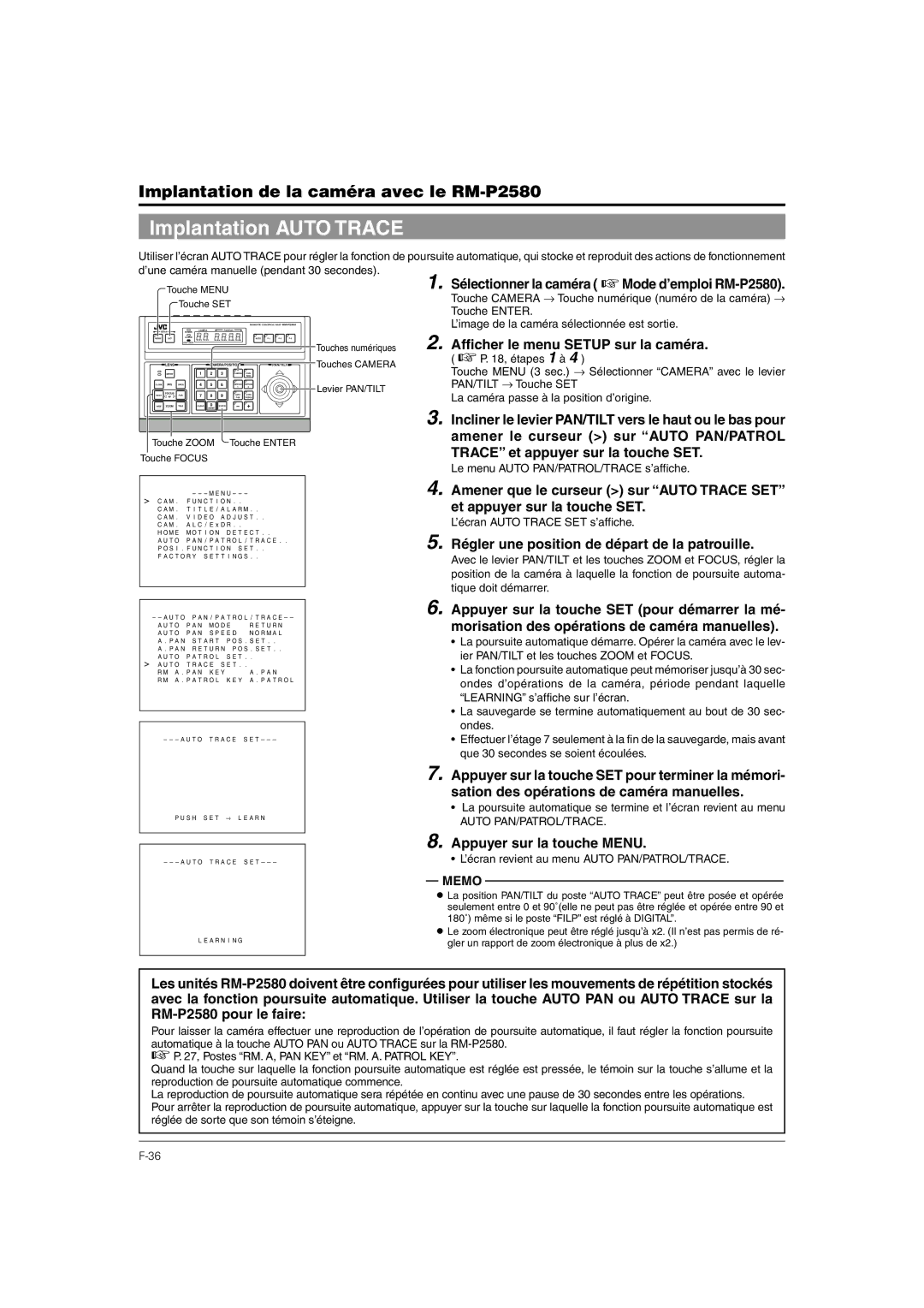 JVC TK-C676 manual Implantation Auto Trace, Régler une position de départ de la patrouille, ’écran Auto Trace SET s’affiche 