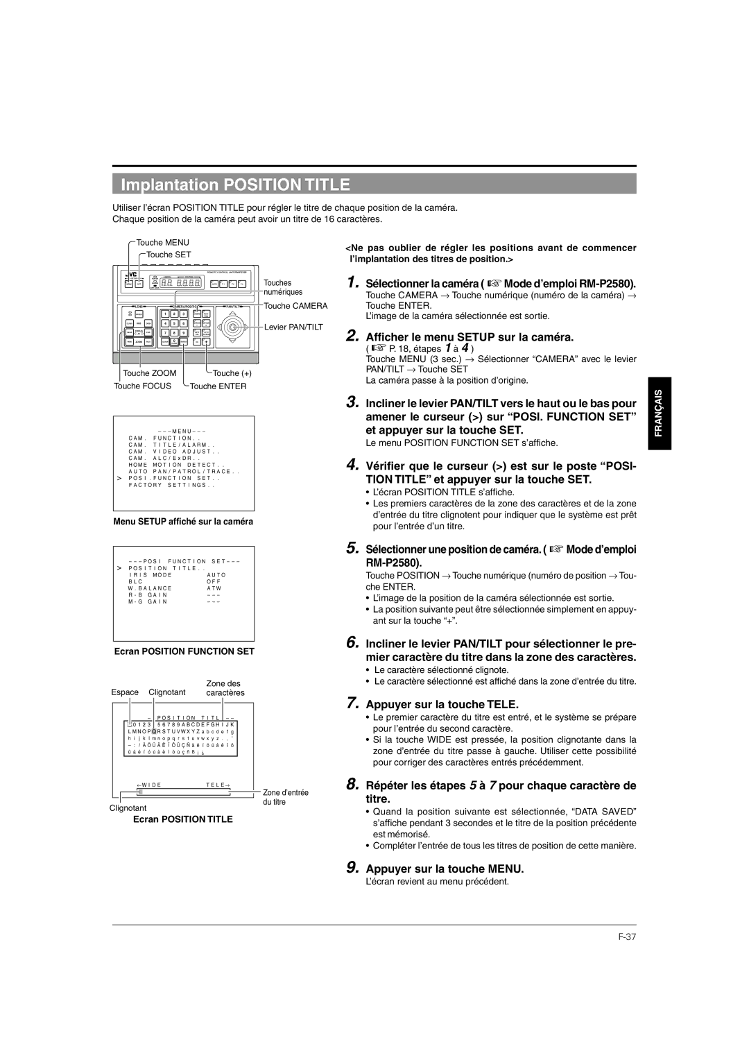 JVC TK-C676 manual Implantation Position Title, RM-P2580, Titre, Mier caractère du titre dans la zone des caractères 