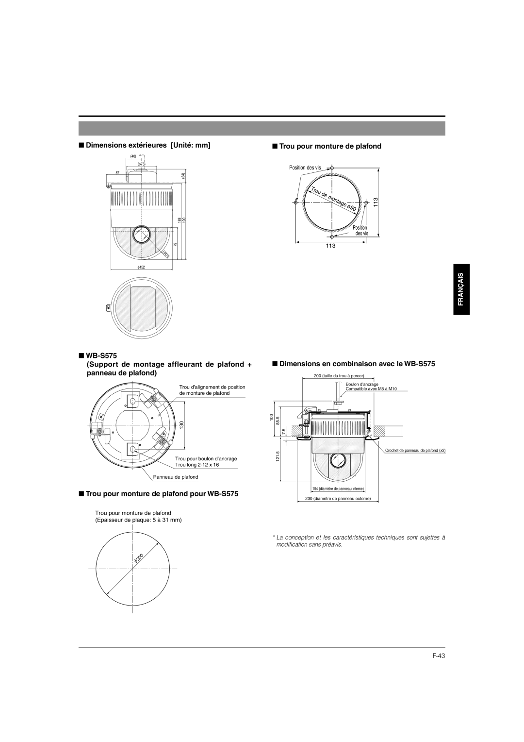 JVC TK-C676 manual Dimensions extérieures Unité mm, Trou pour monture de plafond pour WB-S575 