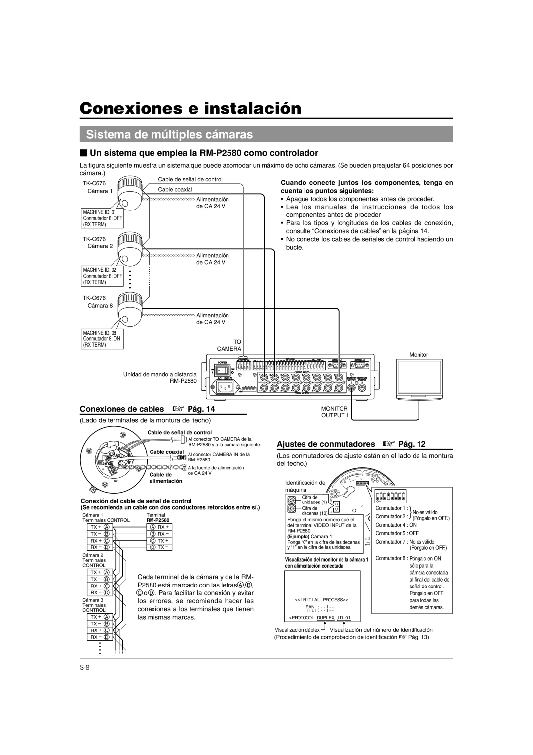 JVC TK-C676 Conexiones e instalación, Sistema de múltiples cámaras, Conexiones de cables Pág, Ajustes de conmutadores Pág 