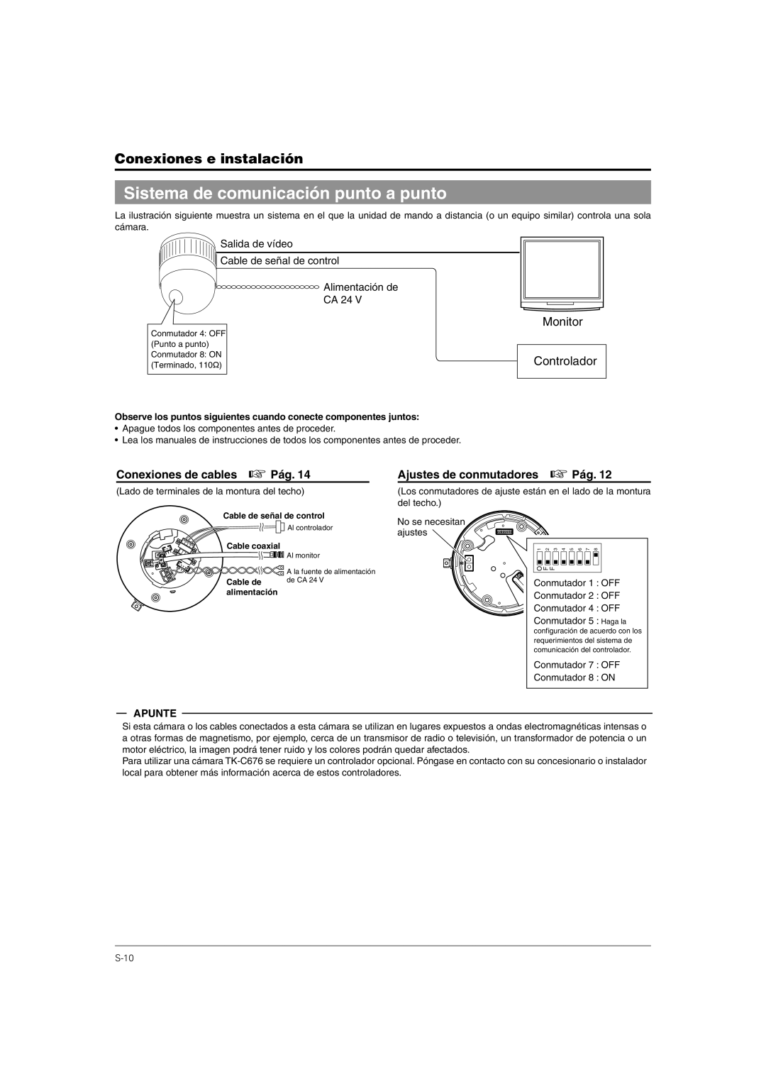 JVC TK-C676 manual Sistema de comunicación punto a punto, Conmutador 7 OFF Conmutador 8 on, Cable de señal de control 