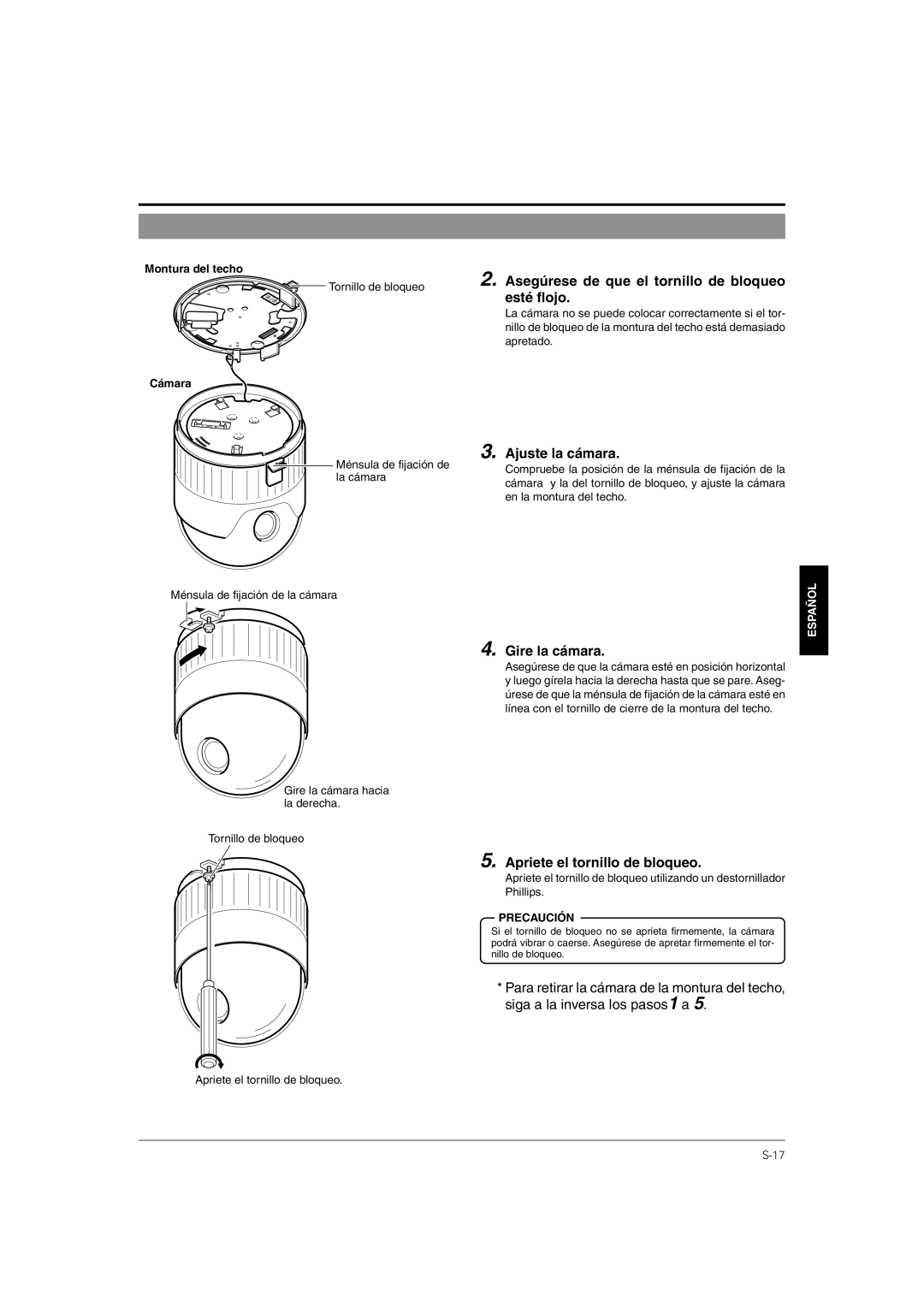 JVC TK-C676 manual Asegúrese de que el tornillo de bloqueo esté flojo, Ajuste la cámara, Gire la cámara 