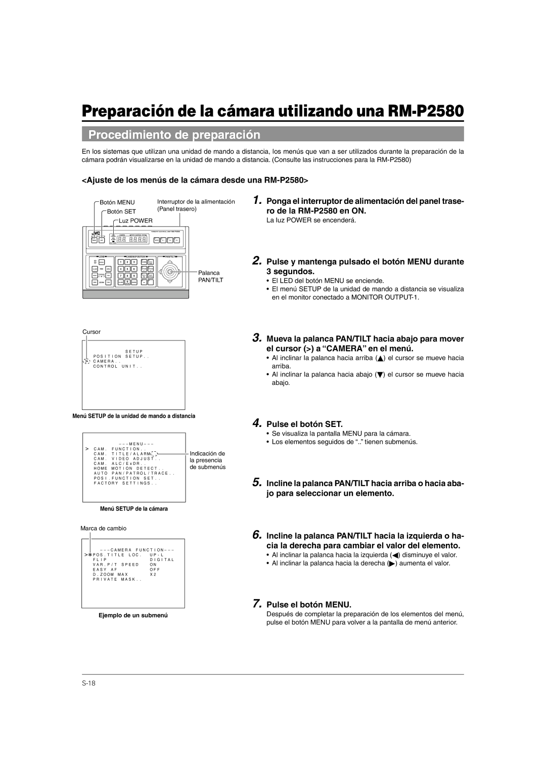 JVC TK-C676 manual Preparación de la cámara utilizando una RM-P2580, Procedimiento de preparación 