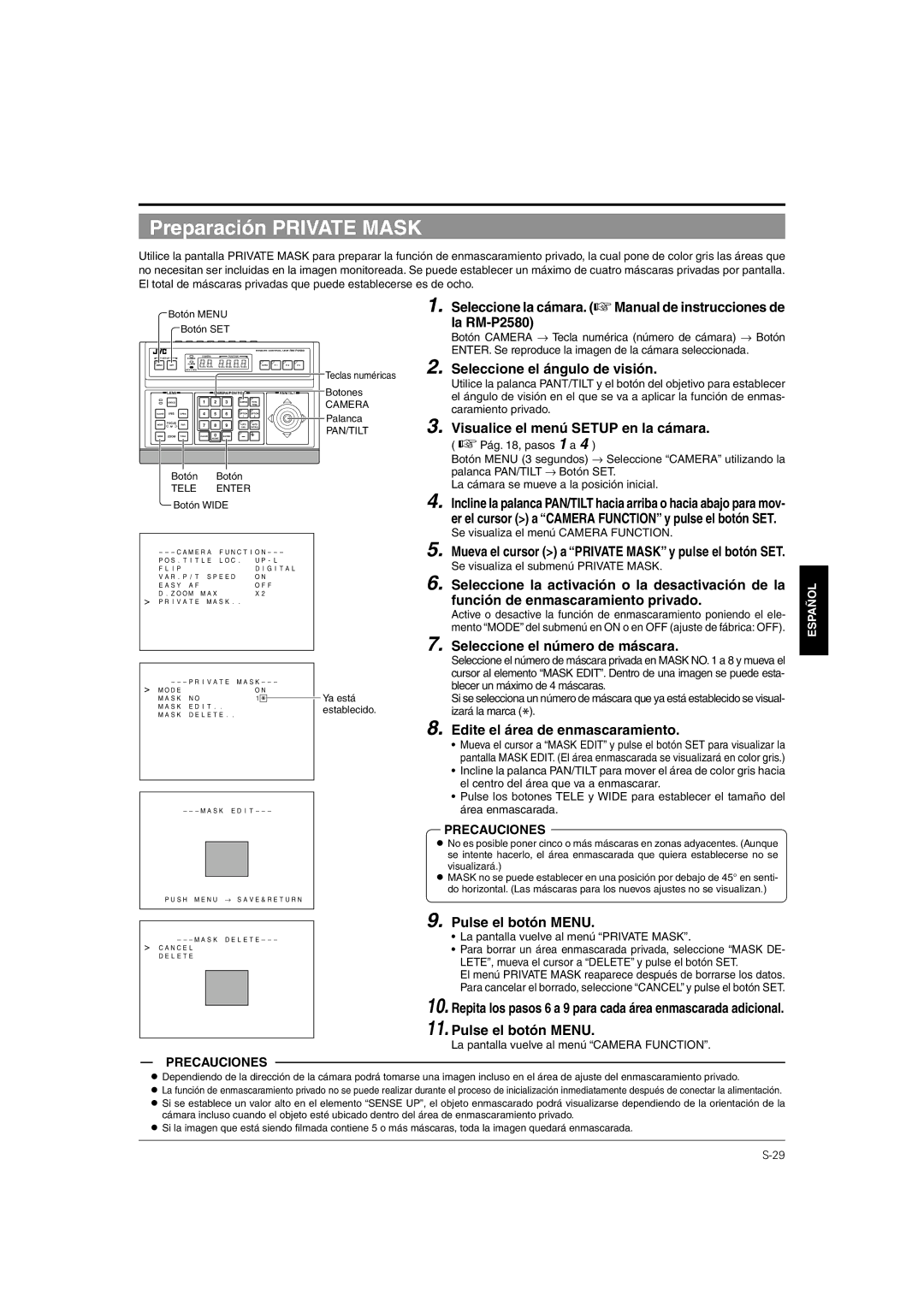 JVC TK-C676 manual Preparación Private Mask, Seleccione el ángulo de visión, Visualice el menú Setup en la cámara 