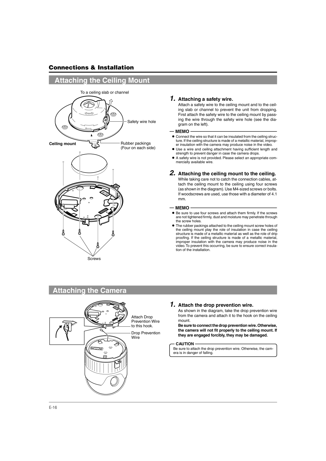 JVC TK-C676 Attaching the Ceiling Mount, Attaching the Camera, Attaching a safety wire, Attach the drop prevention wire 