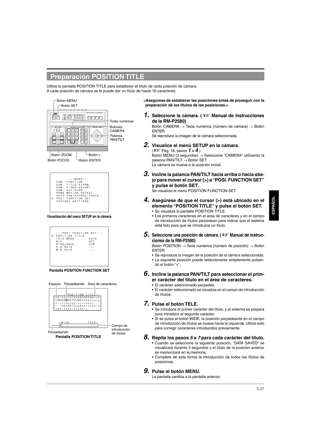 JVC TK-C676 manual Preparación Position Title, Repita los pasos 5 a 7 para cada carácter del título 