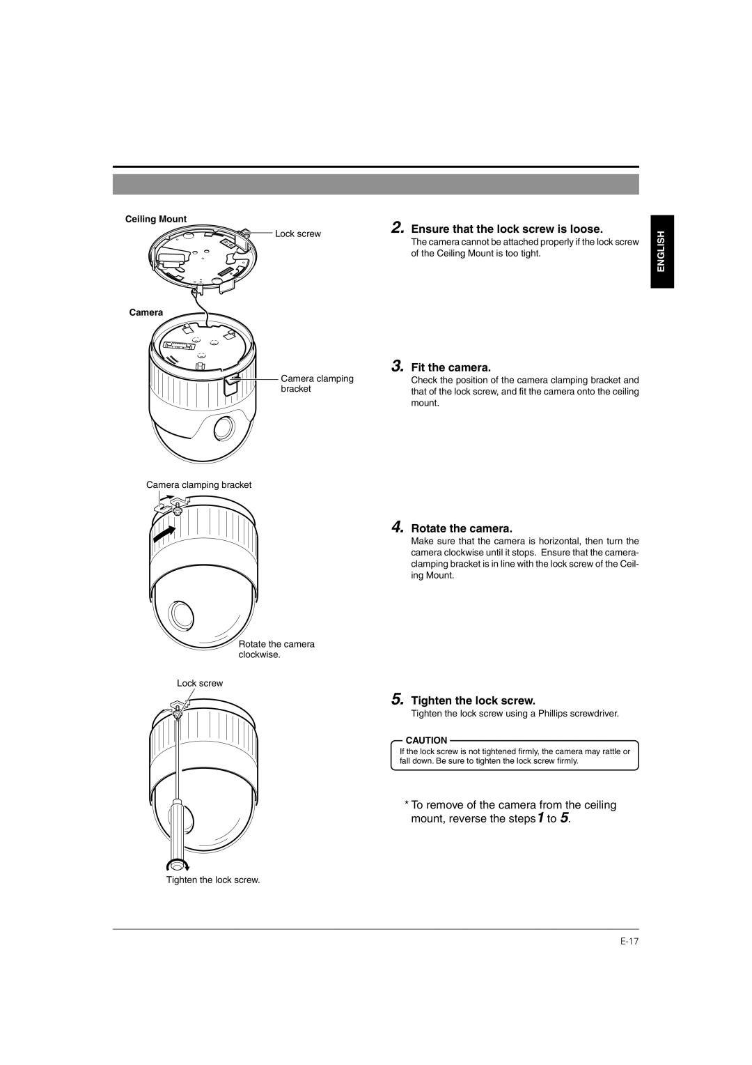 JVC TK-C676 manual Ensure that the lock screw is loose, Fit the camera, Rotate the camera, Tighten the lock screw, Camera 