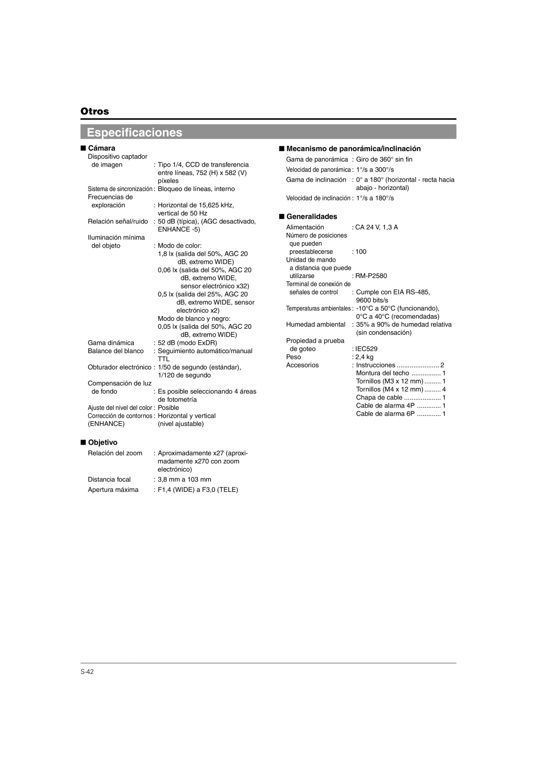 JVC TK-C676 manual Especificaciones, Cámara Mecanismo de panorámica/inclinación, Generalidades 