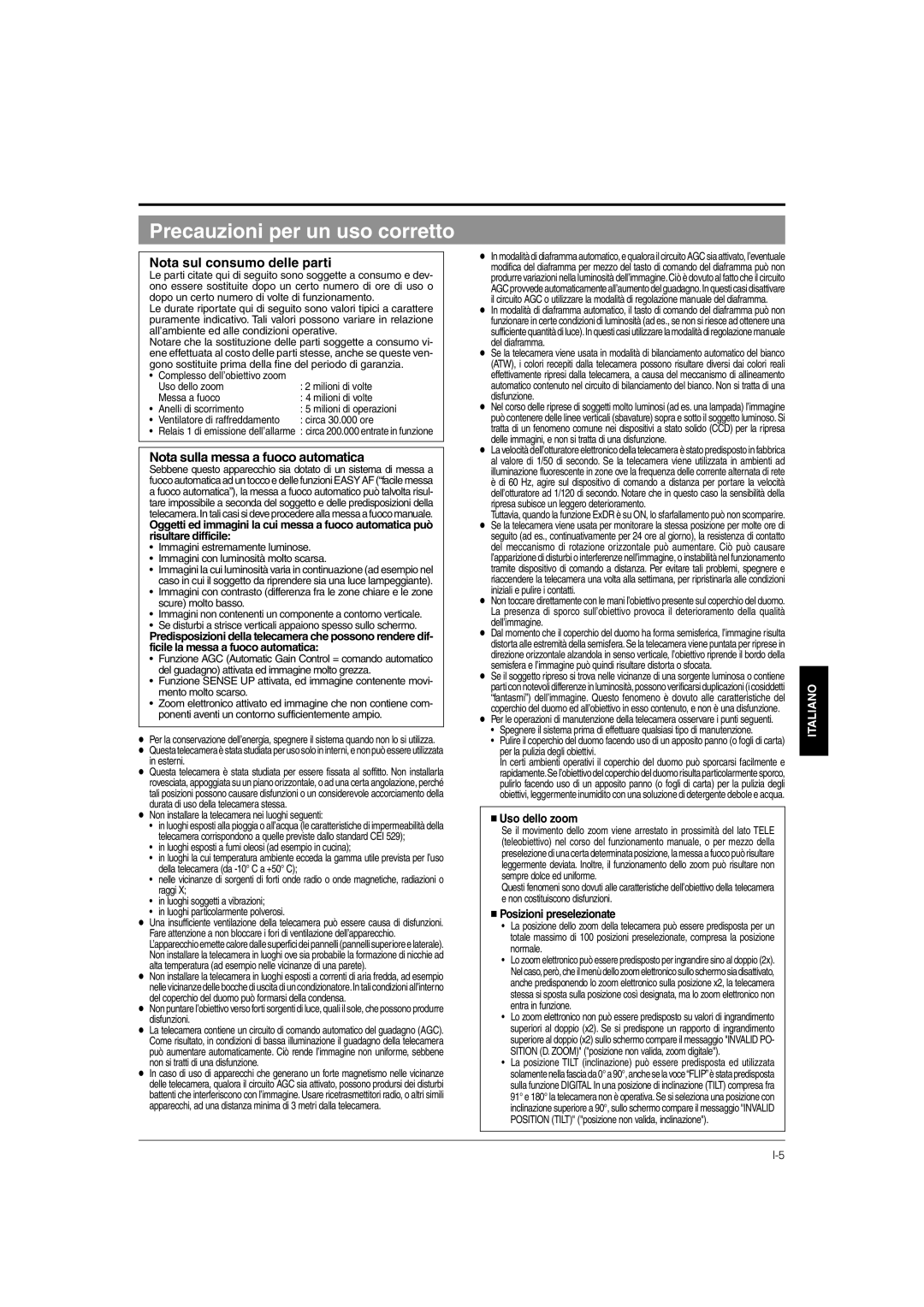 JVC TK-C676 manual Precauzioni per un uso corretto,  Uso dello zoom,  Posizioni preselezionate 