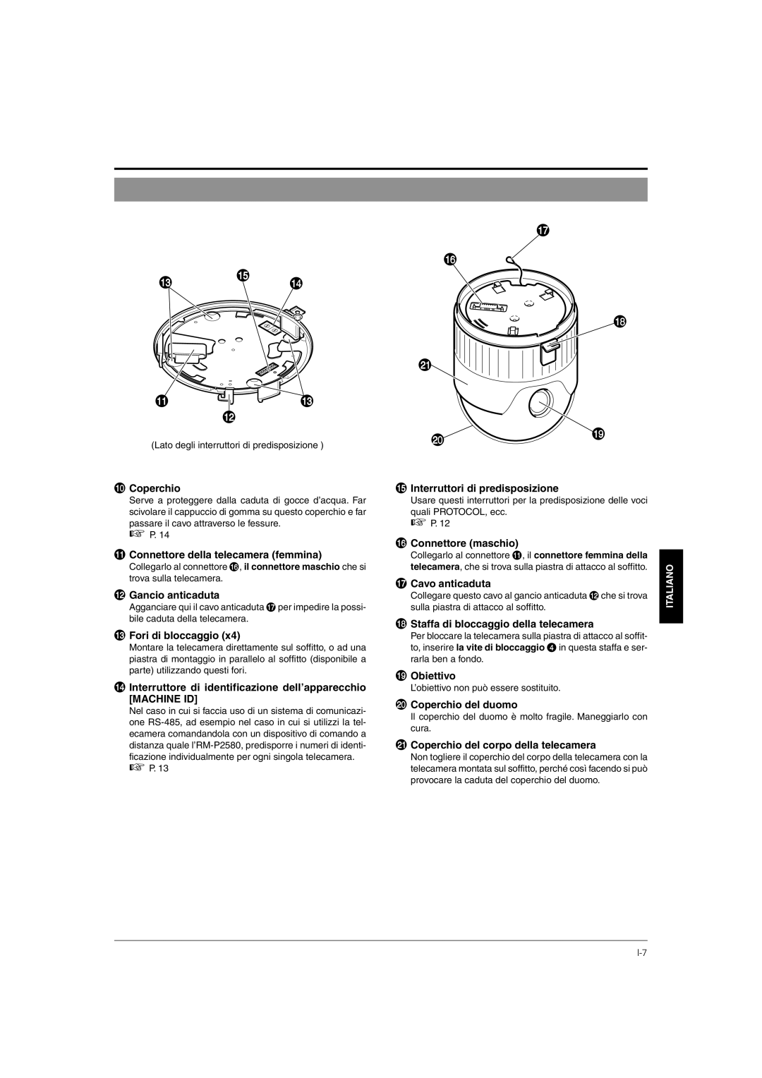 JVC TK-C676 Coperchio, Connettore della telecamera femmina, @ Gancio anticaduta, # Fori di bloccaggio, Connettore maschio 