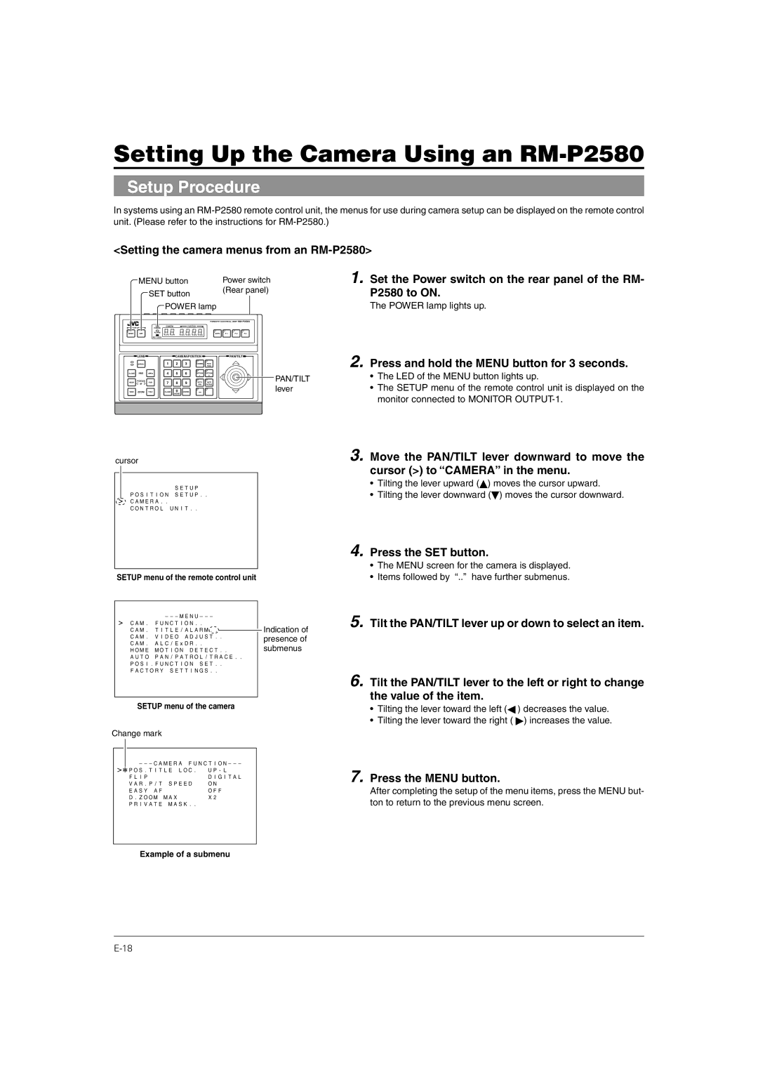 JVC TK-C676 manual Setting Up the Camera Using an RM-P2580, Setup Procedure 