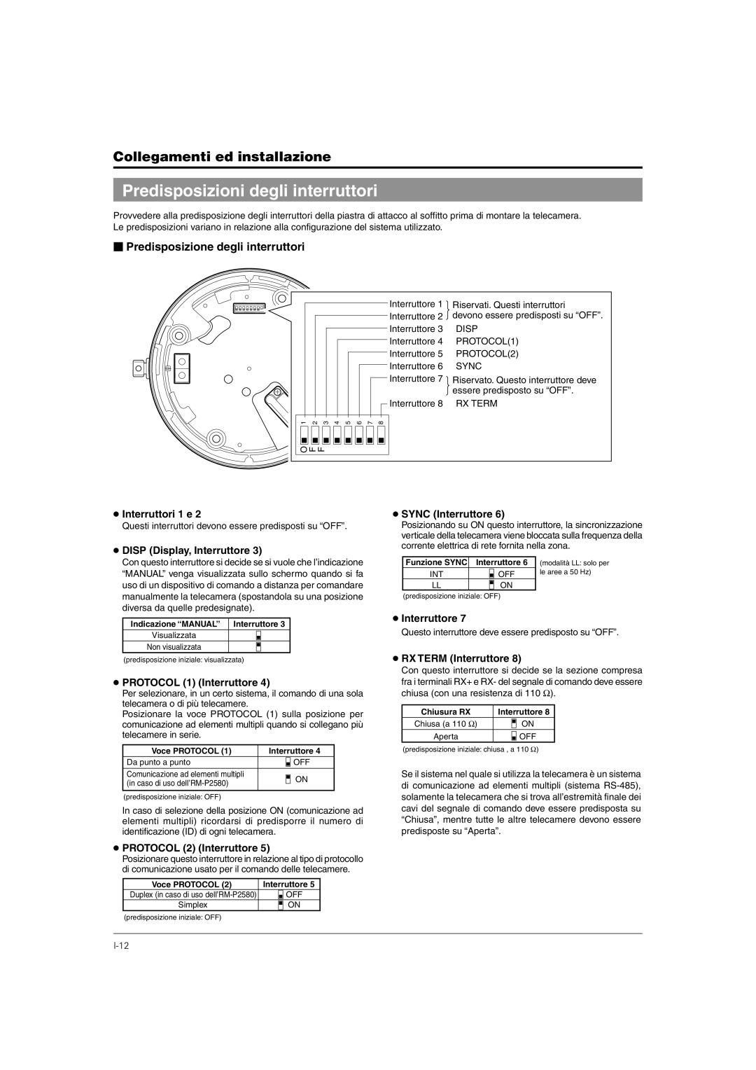 JVC TK-C676 manual Predisposizioni degli interruttori,  Predisposizione degli interruttori 