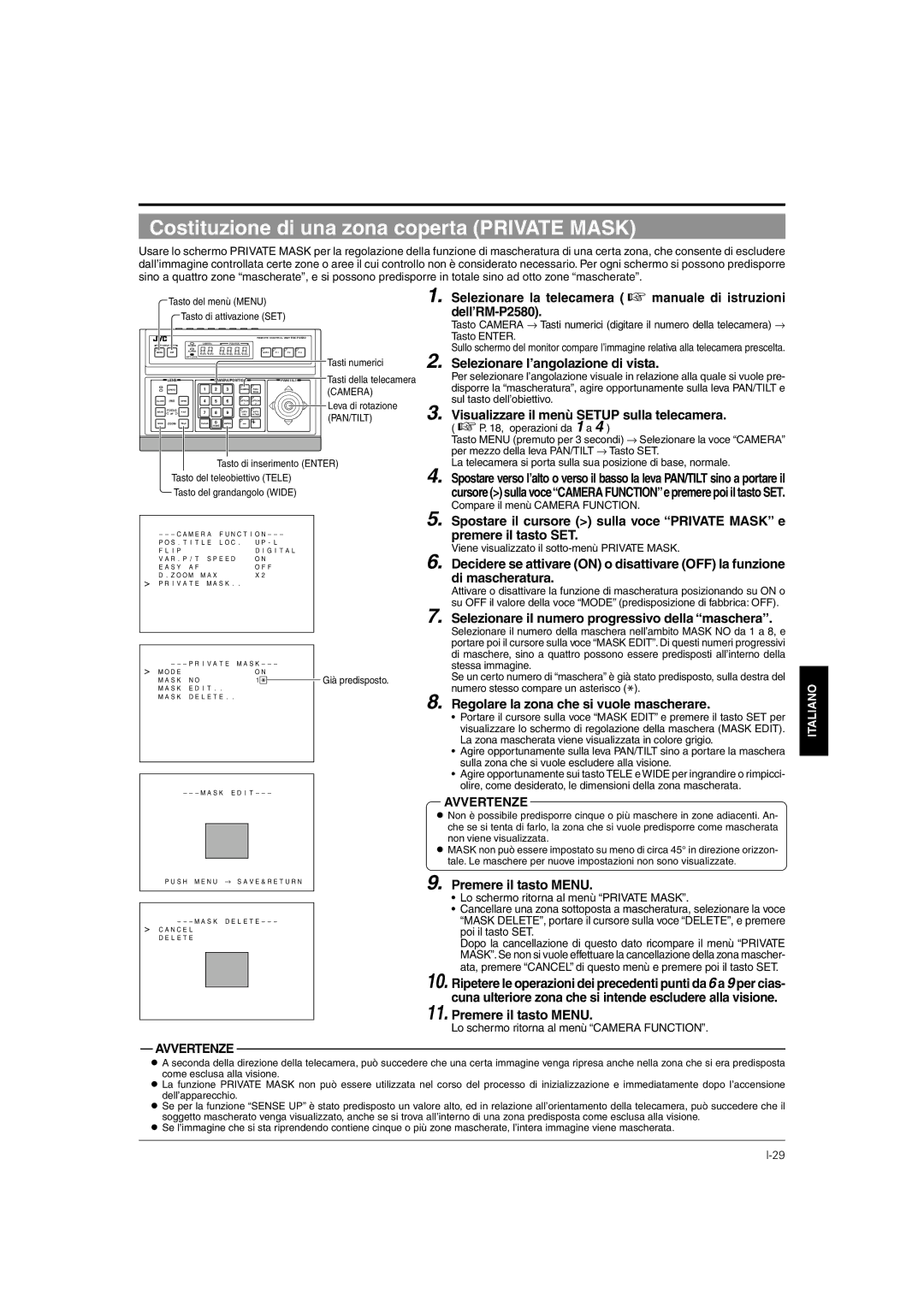 JVC TK-C676 Costituzione di una zona coperta Private Mask, Lo schermo ritorna al menù Camera Function, Tasti numerici 