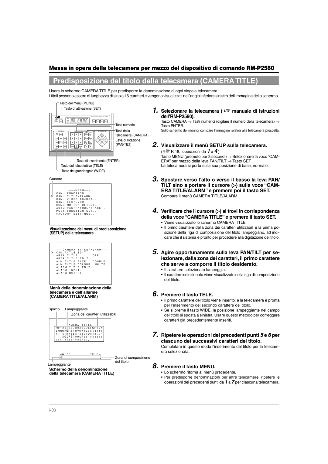 JVC TK-C676 manual Predisposizione del titolo della telecamera Camera Title, Visualizzare il menù Setup sulla telecamera 