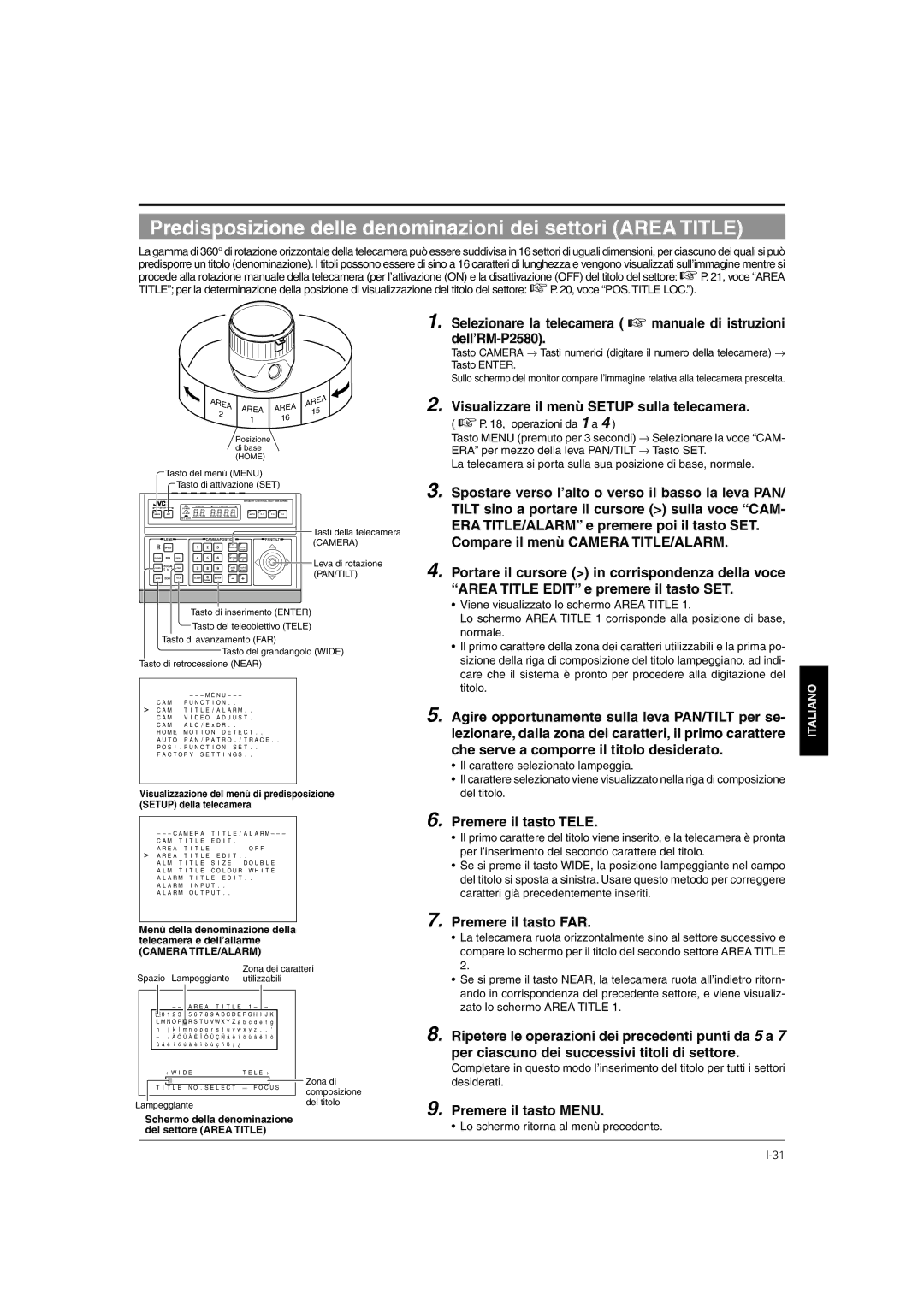 JVC TK-C676 Predisposizione delle denominazioni dei settori Area Title, Premere il tasto FAR, Zato lo schermo Area Title 