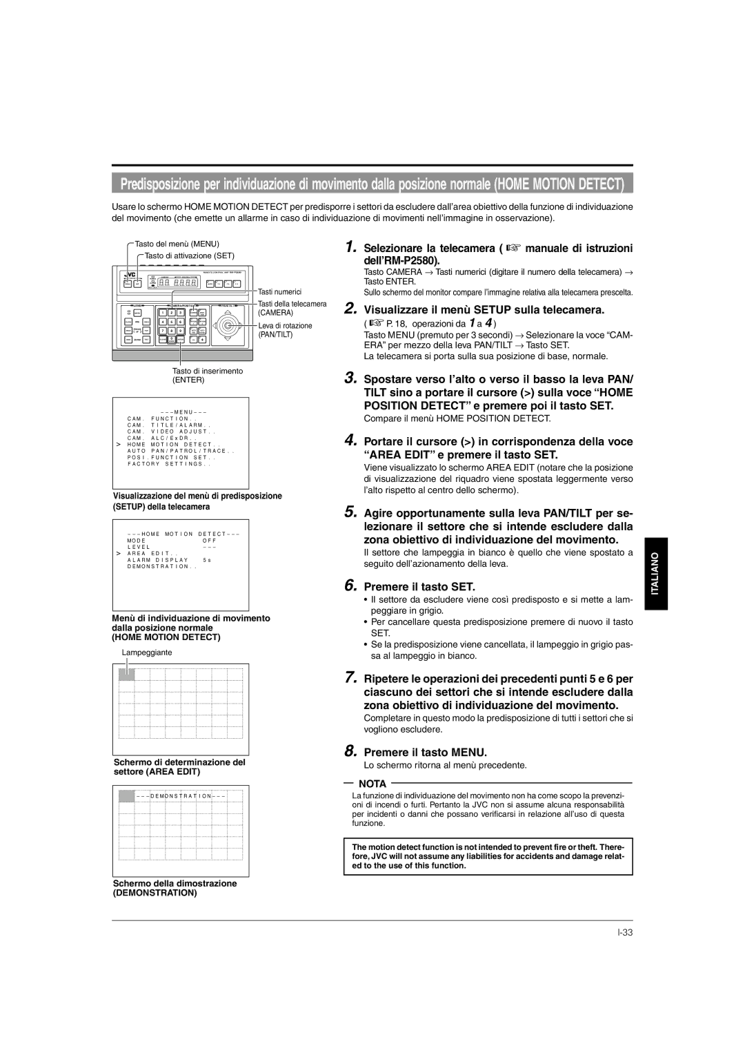 JVC TK-C676 manual Compare il menù Home Position Detect, Menù di individuazione di movimento dalla posizione normale 