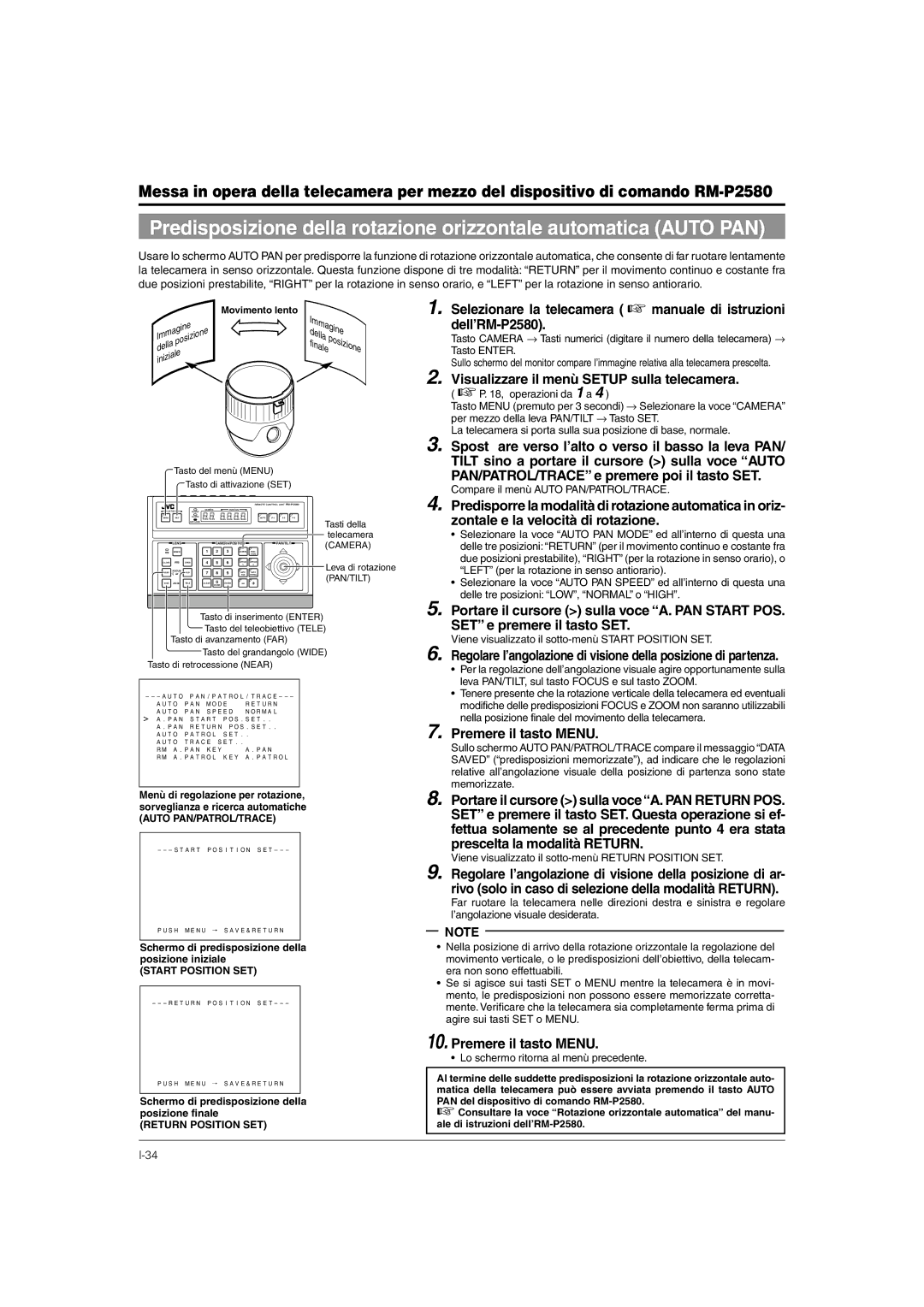 JVC TK-C676 manual Schermo di predisposizione della posizione iniziale, Start Position SET, Return Position SET 