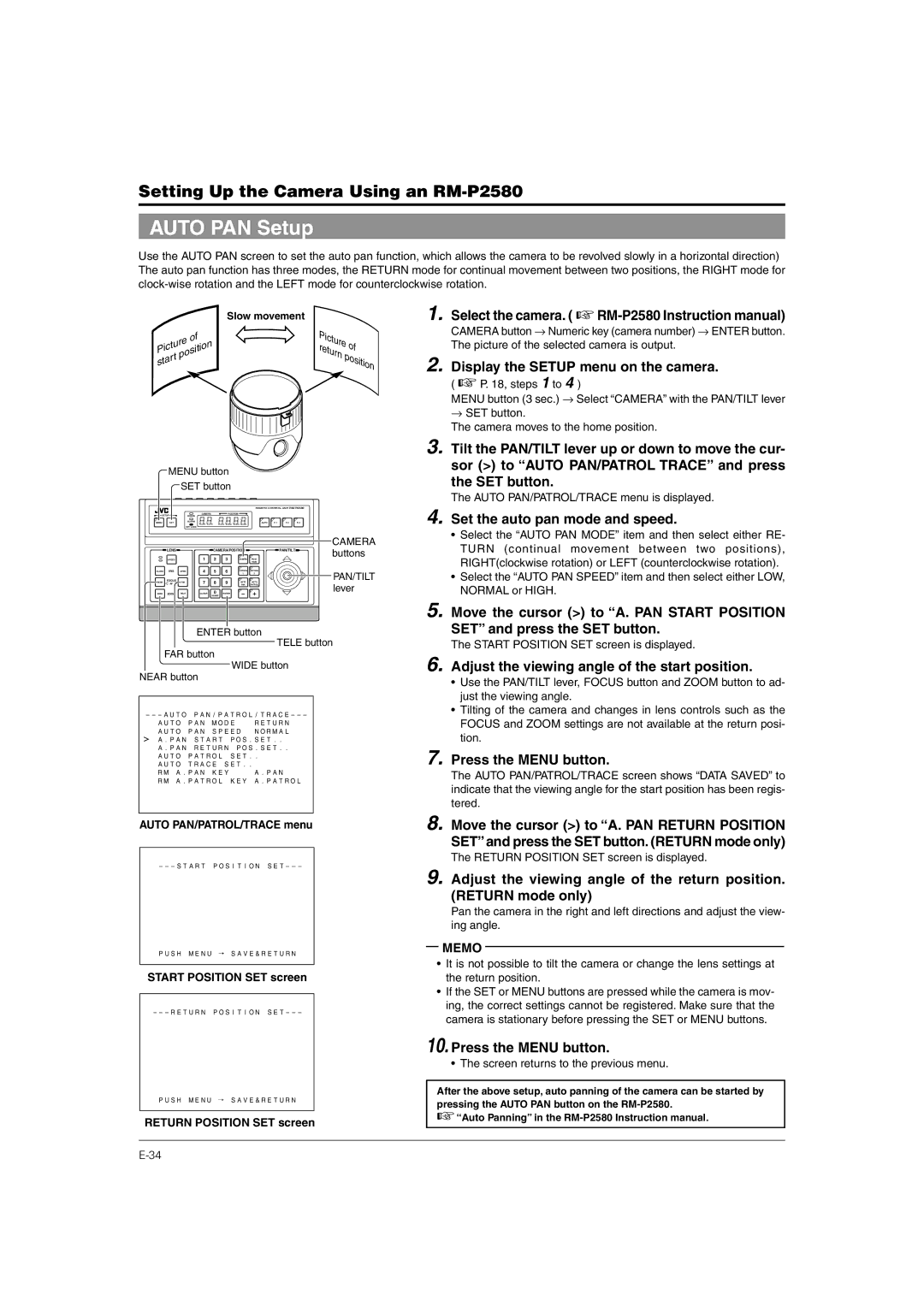 JVC TK-C676 manual Auto PAN Setup, Set the auto pan mode and speed, Adjust the viewing angle of the start position 