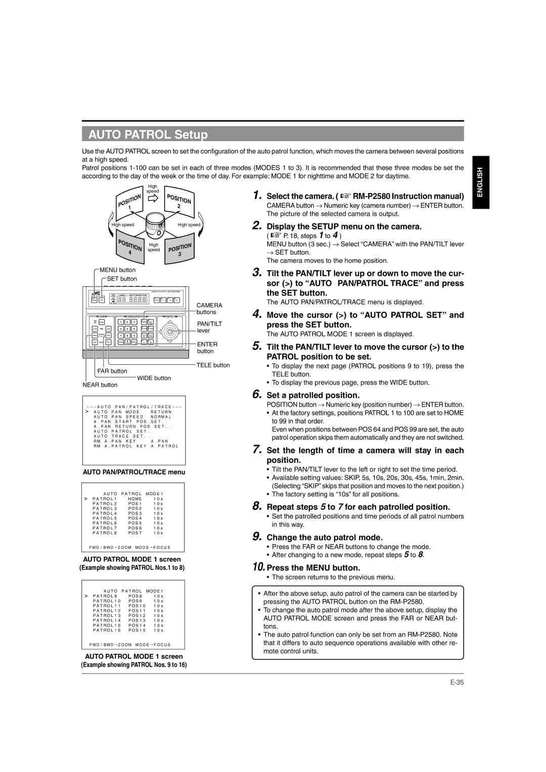 JVC TK-C676 manual Auto Patrol Setup 