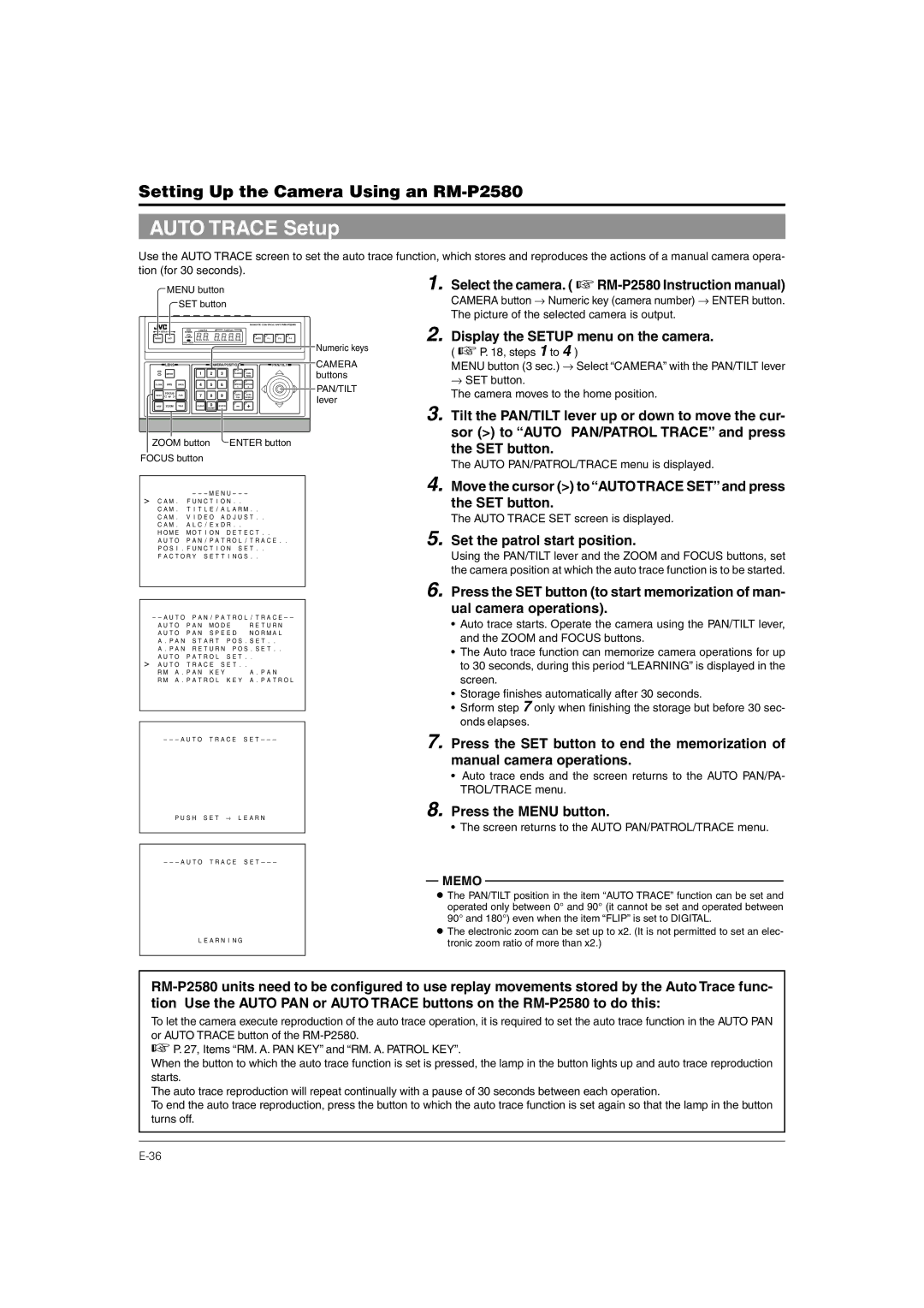 JVC TK-C676 Auto Trace Setup, Move the cursor to Autotrace SETand press the SET button, Set the patrol start position 