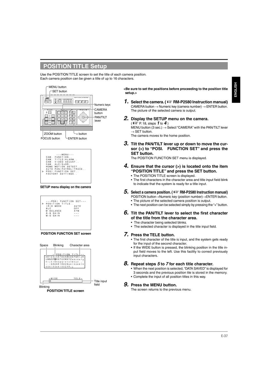 JVC TK-C676 manual Position Title Setup, Repeat steps 5 to 7 for each title character, Position Function SET screen 