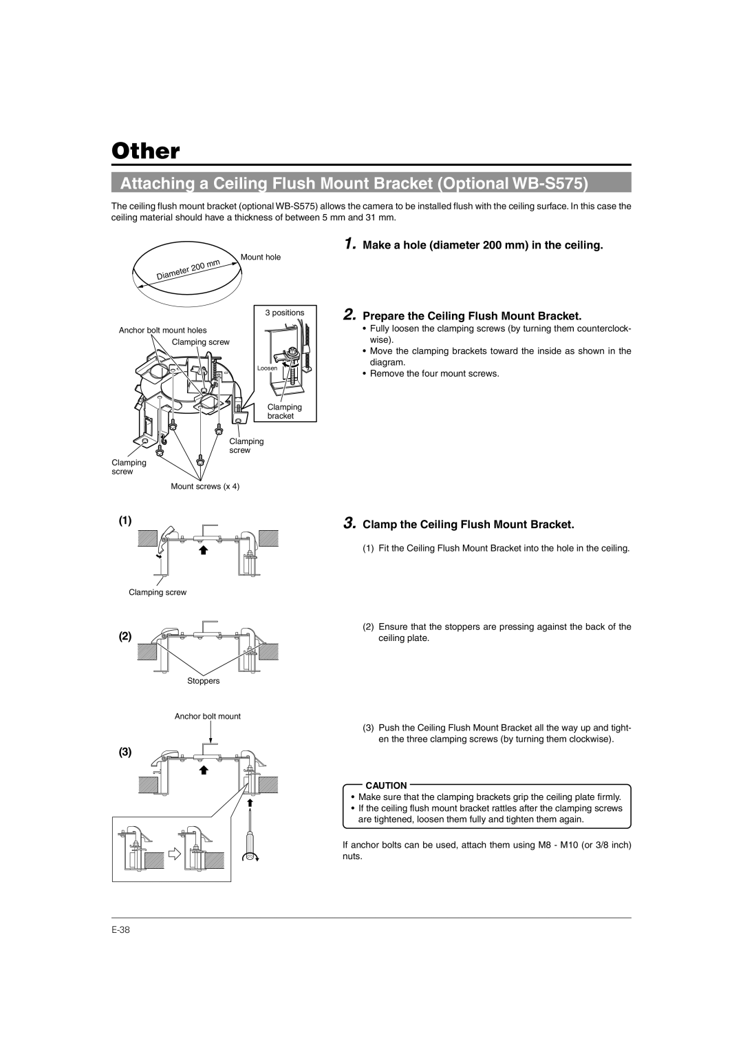 JVC TK-C676 manual Other, Attaching a Ceiling Flush Mount Bracket Optional WB-S575, Clamp the Ceiling Flush Mount Bracket 