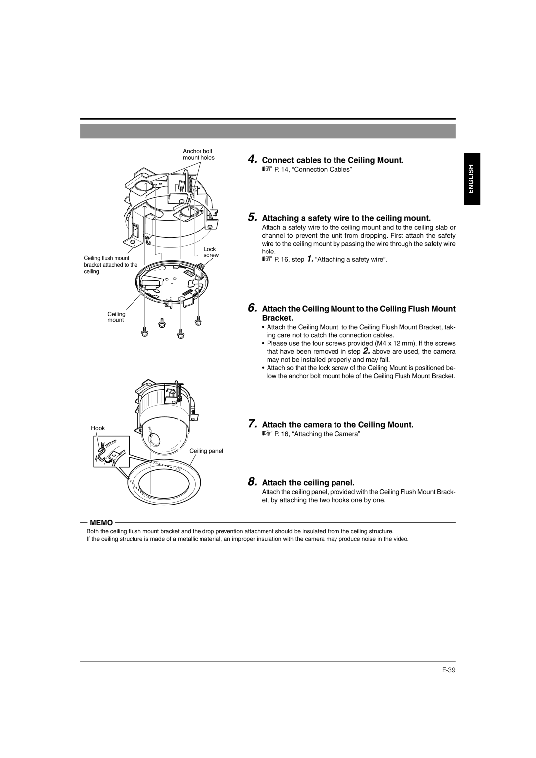 JVC TK-C676 Connect cables to the Ceiling Mount, Attaching a safety wire to the ceiling mount, Attach the ceiling panel 