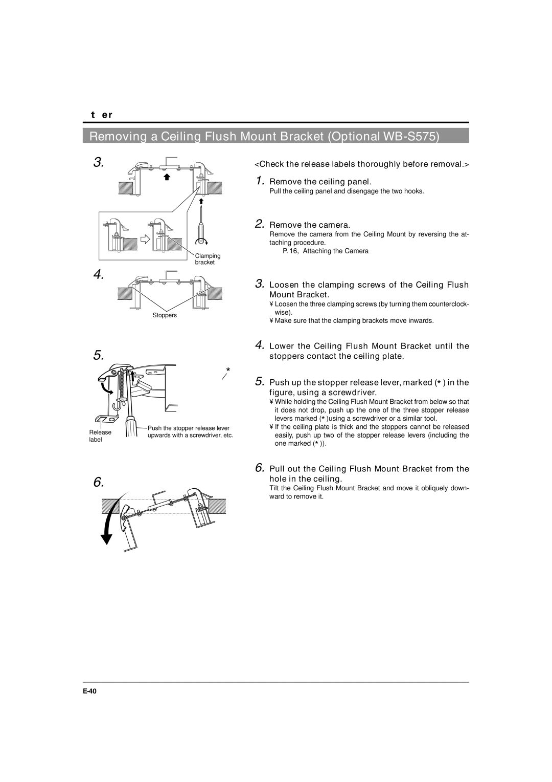 JVC TK-C676 manual Removing a Ceiling Flush Mount Bracket Optional WB-S575, Remove the ceiling panel, Remove the camera 