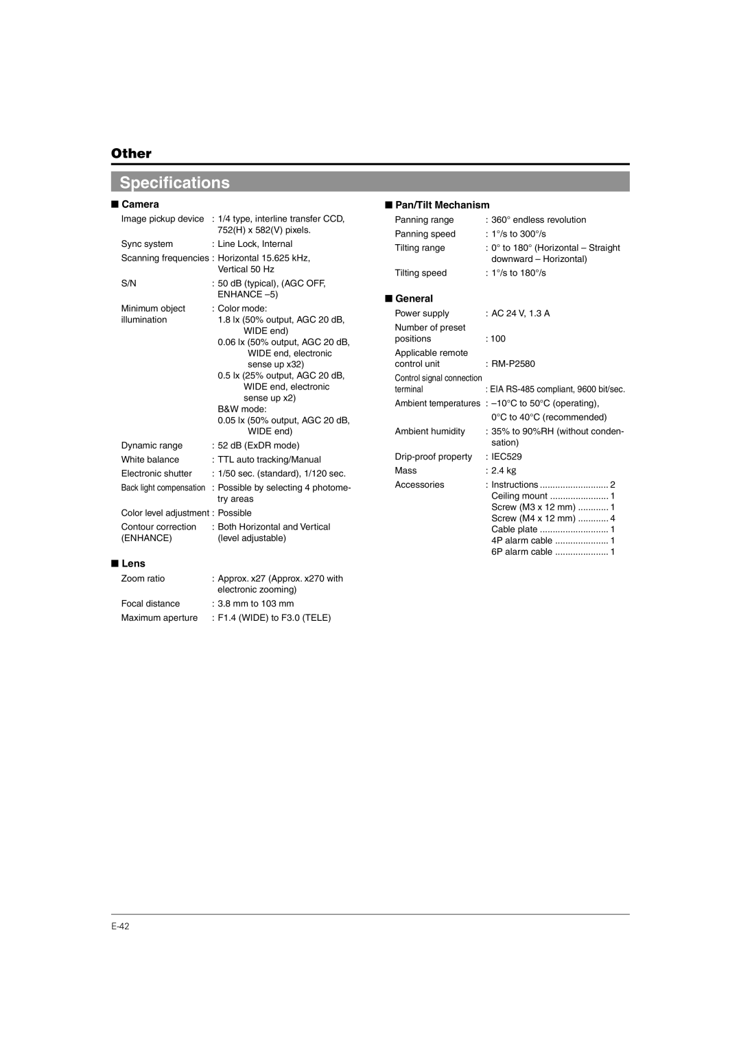 JVC TK-C676 manual Specifications, Camera, Pan/Tilt Mechanism, General 