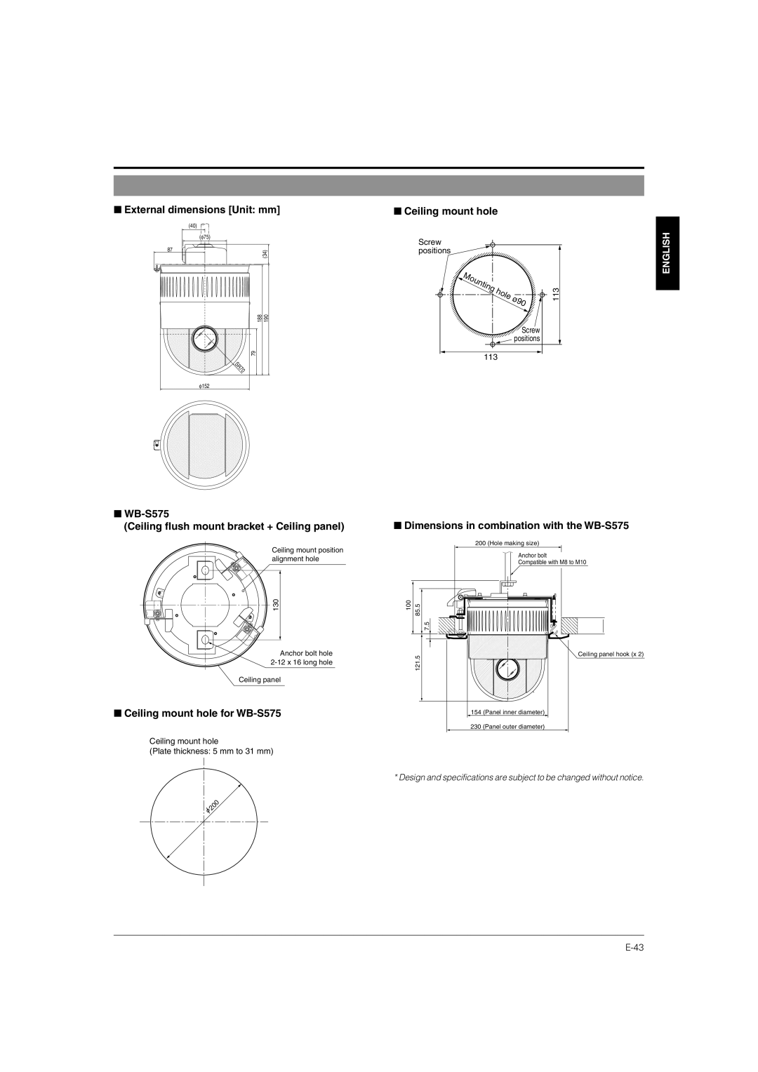 JVC TK-C676 manual External dimensions Unit mm, Ceiling mount hole, WB-S575 Ceiling flush mount bracket + Ceiling panel 