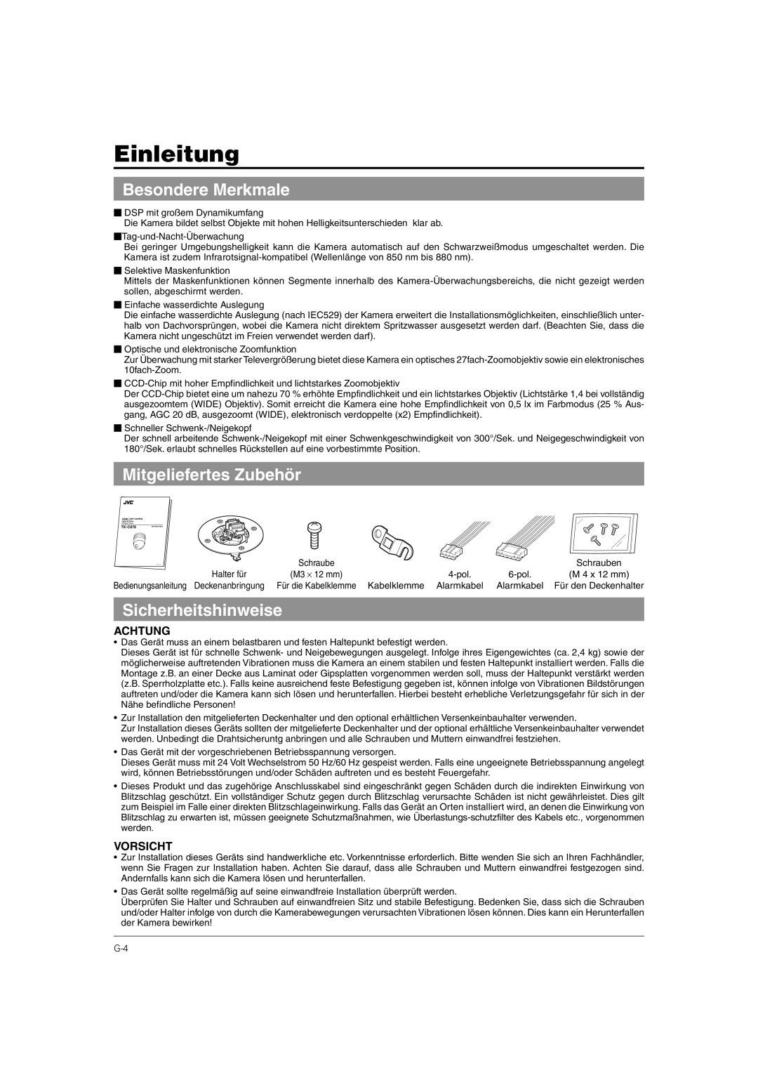 JVC TK-C676 manual Einleitung, Besondere Merkmale, Mitgeliefertes Zubehör, Sicherheitshinweise 