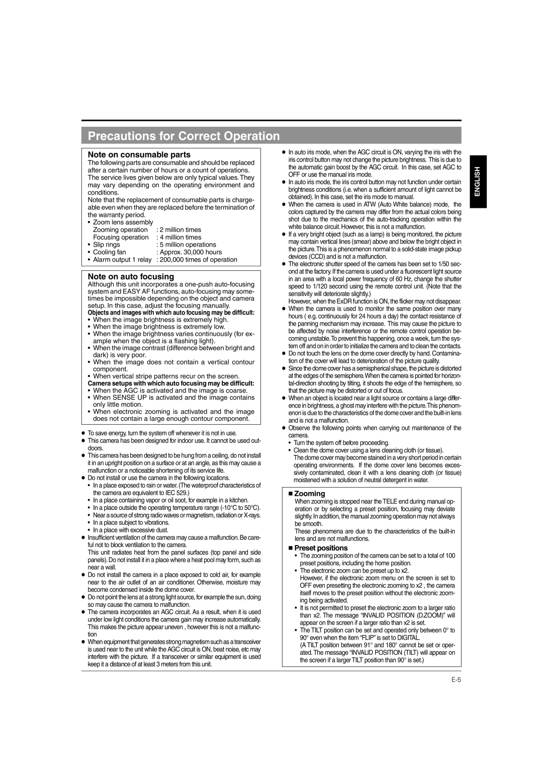 JVC TK-C676 manual Precautions for Correct Operation,  Zooming,  Preset positions 