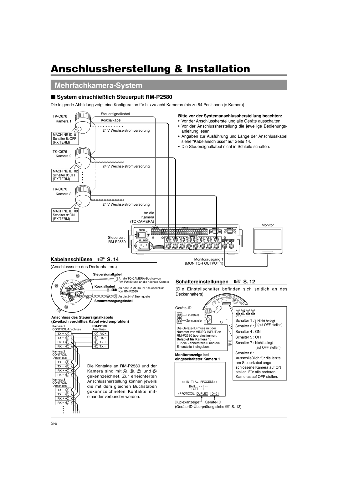 JVC TK-C676 manual Anschlussherstellung & Installation, Mehrfachkamera-System, Kabelanschlüsse S, Schaltereinstellungen S 