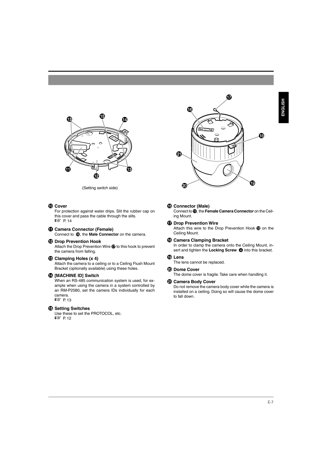 JVC TK-C676 manual Cover, Camera Connector Female, @ Drop Prevention Hook, # Clamping Holes x, $ Machine ID Switch, Lens 