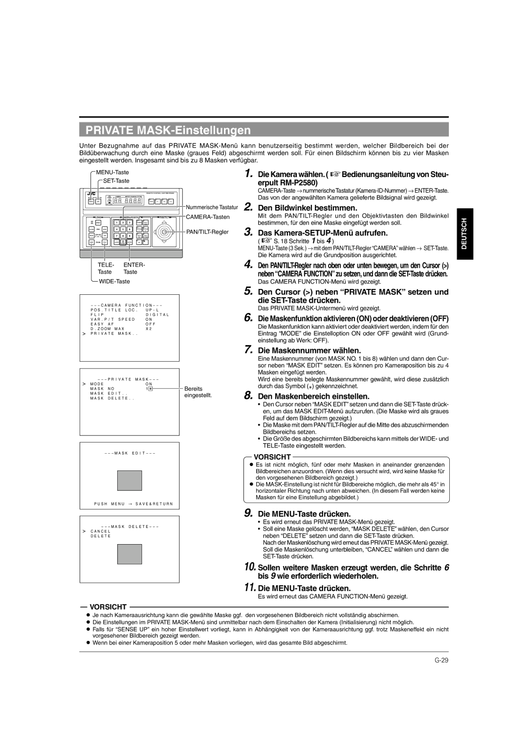 JVC TK-C676 manual Private MASK-Einstellungen, Das Kamera-SETUP-Menü aufrufen, Die Maskennummer wählen 