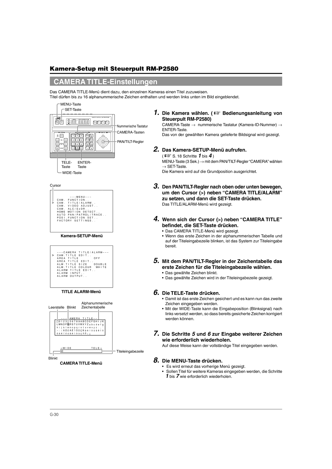 JVC TK-C676 manual Camera TITLE-Einstellungen, Erste Zeichen für die Titeleingabezeile wählen, Wie erforderlich wiederholen 