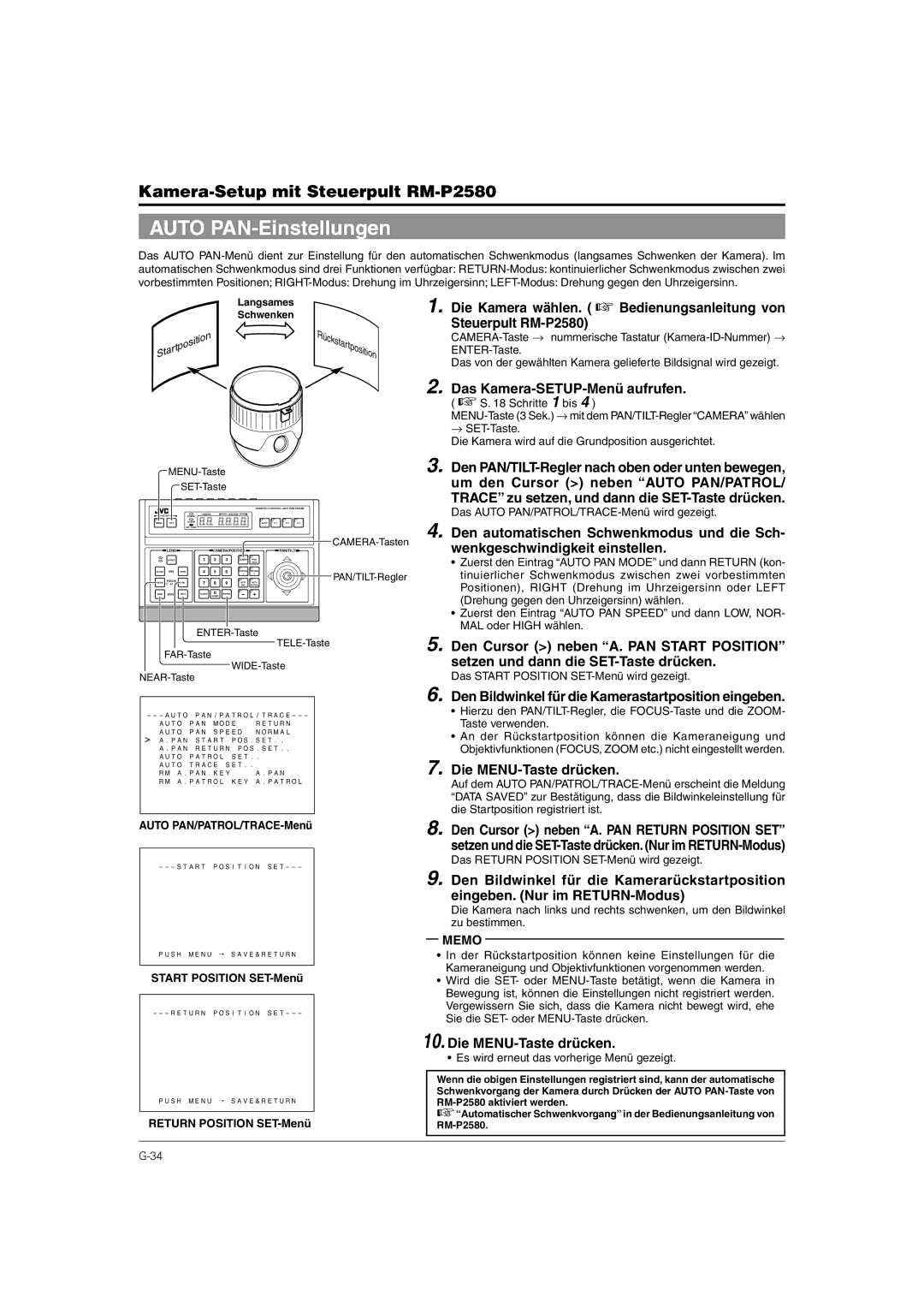 JVC TK-C676 manual Auto PAN-Einstellungen, Den Bildwinkel für die Kamerastartposition eingeben, Auto PAN/PATROL/TRACE-Menü 