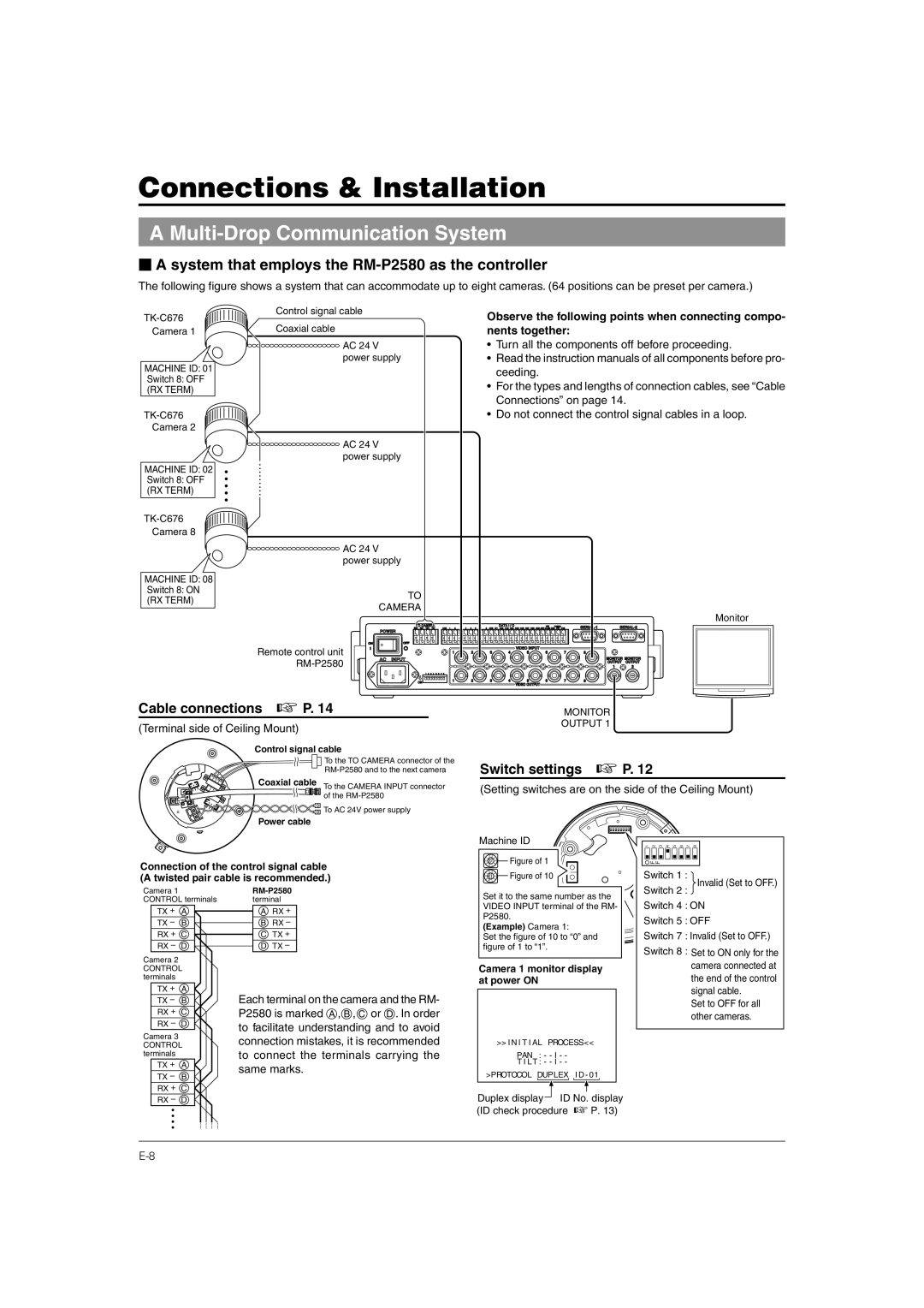 JVC TK-C676 manual Connections & Installation, Multi-Drop Communication System, Cable connections P, Switch settings P 