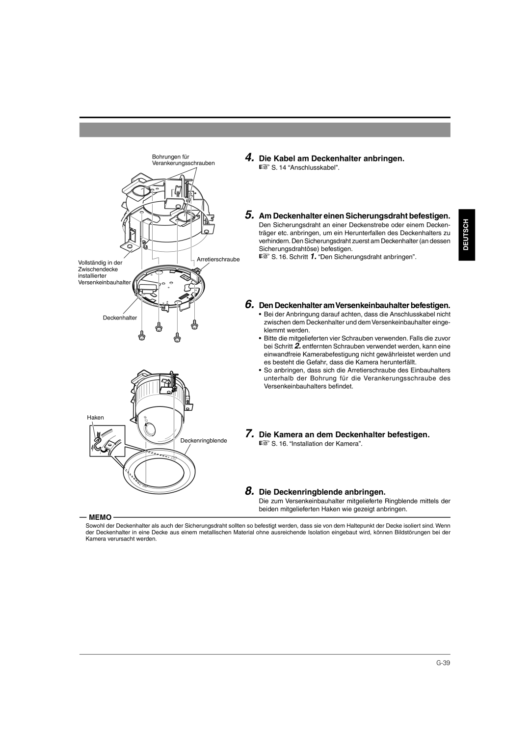 JVC TK-C676 manual Am Deckenhalter einen Sicherungsdraht befestigen, Die Kamera an dem Deckenhalter befestigen 