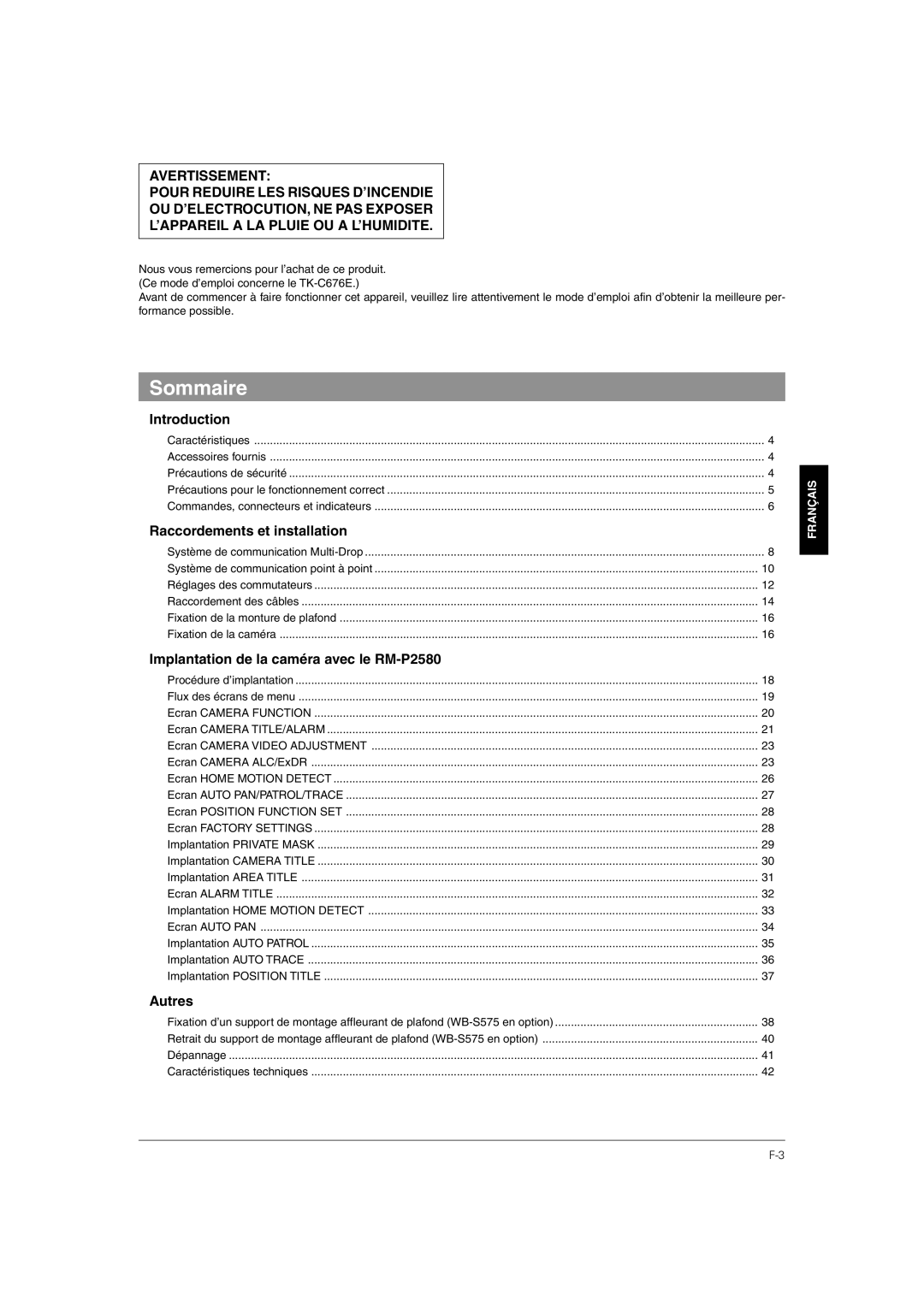 JVC TK-C676 manual Sommaire, Raccordements et installation, Implantation de la caméra avec le RM-P2580, Autres 