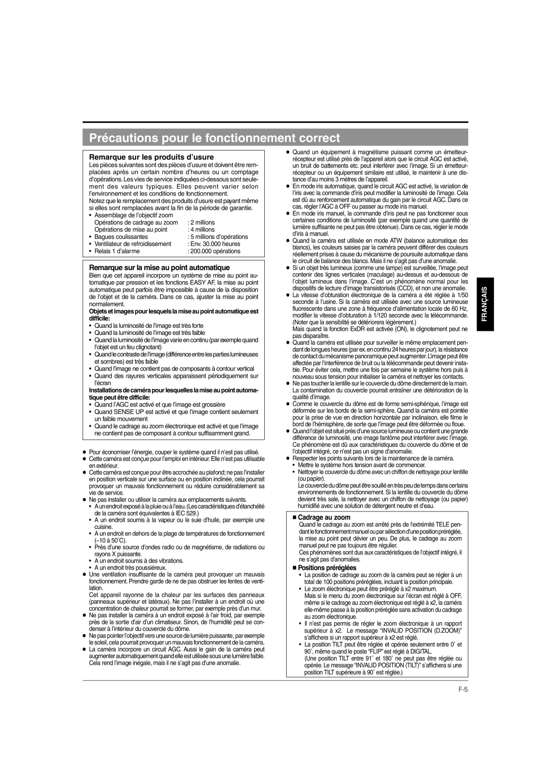 JVC TK-C676 manual Précautions pour le fonctionnement correct, Remarque sur les produits d’usure,  Cadrage au zoom 